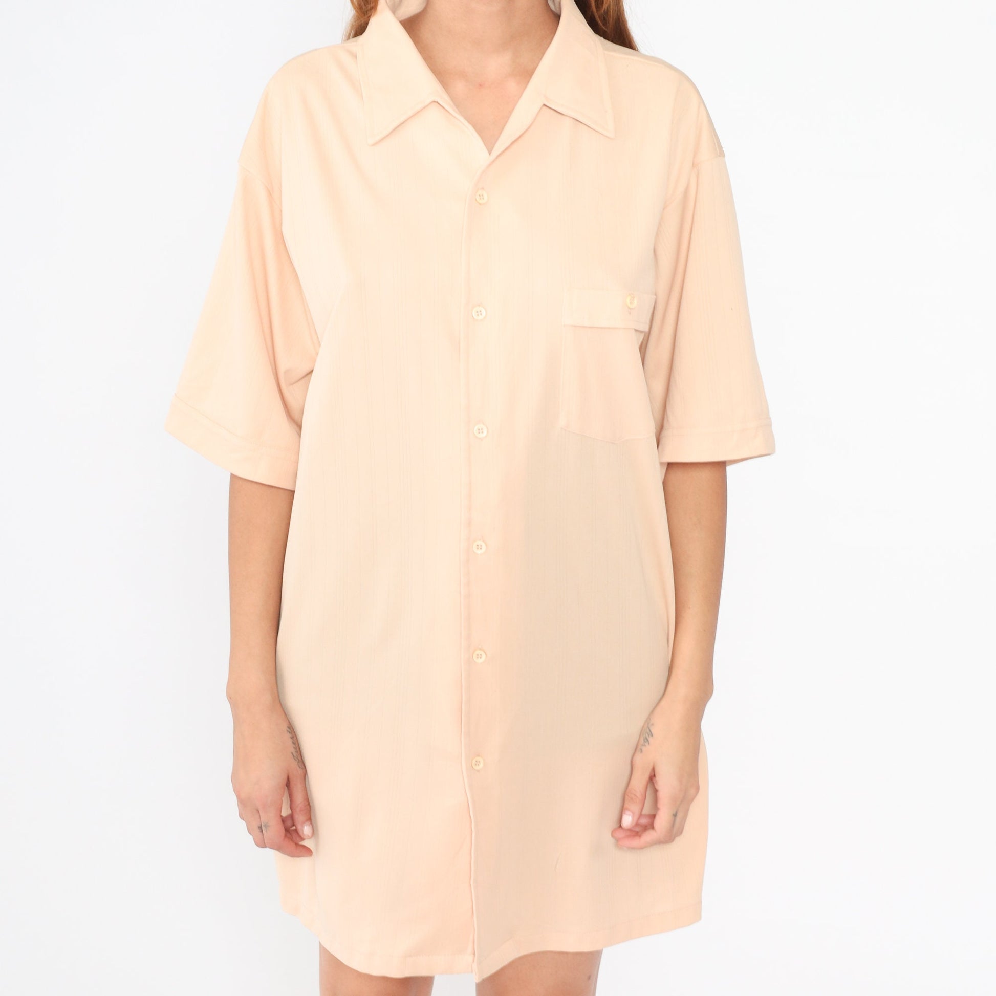 70s Peach Button-Up Shirt Men's Short Sleeve Collared Disco Shirt Extra Large Tall