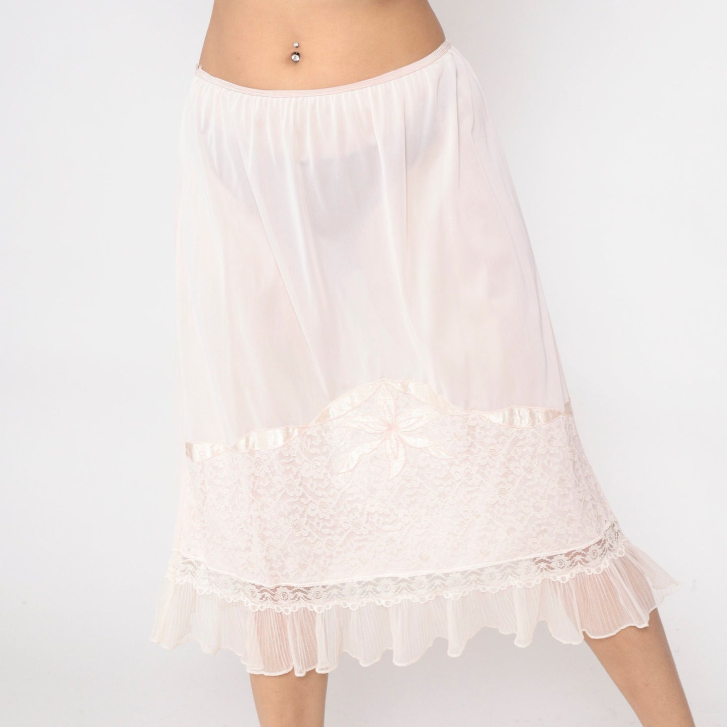 70s Lane Bryant Baby Pink Nylon Slip Skirt Lace Floral Applique Medium Large