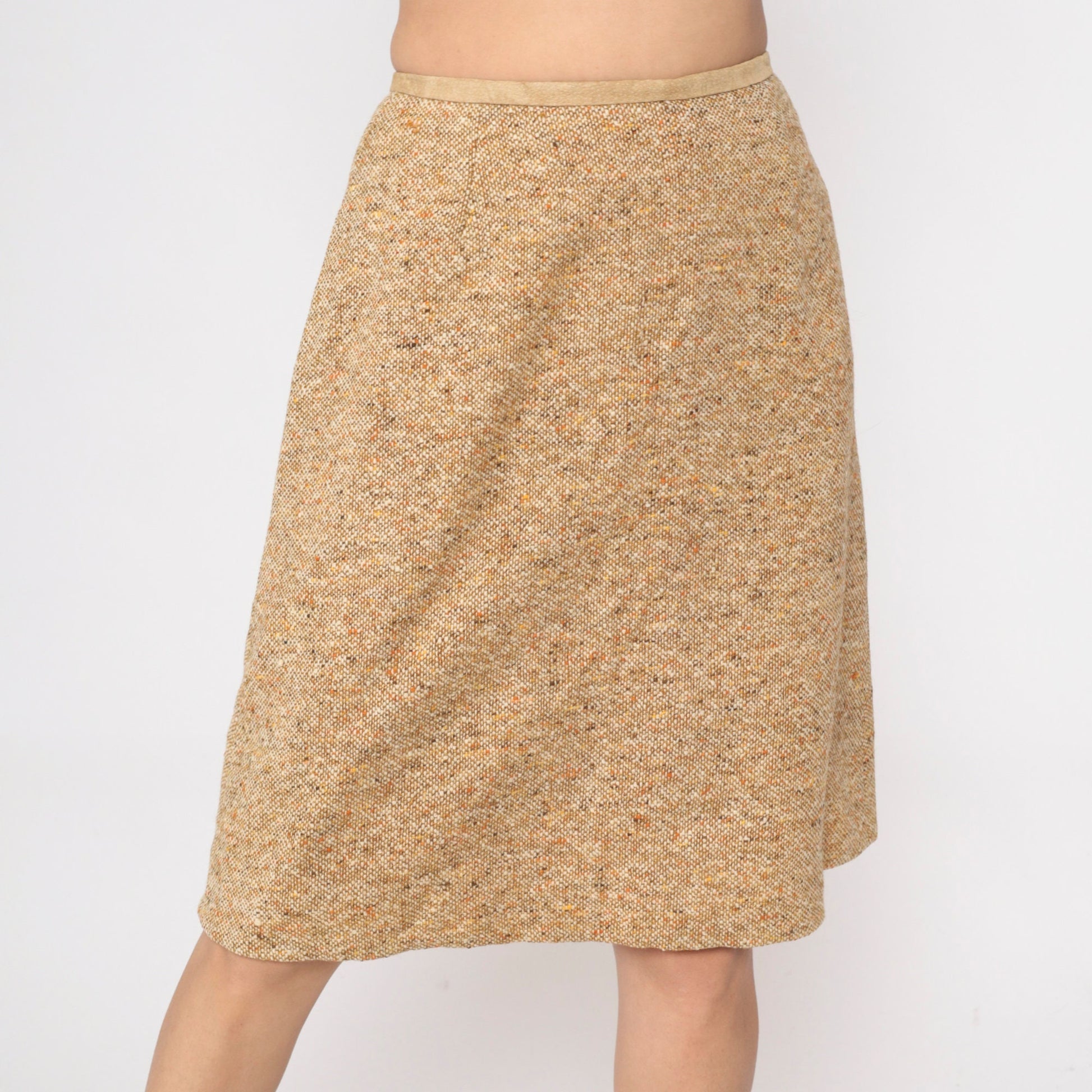 60s Tan Flecked Pencil Skirt High Waisted Tweed-Look Midi Small