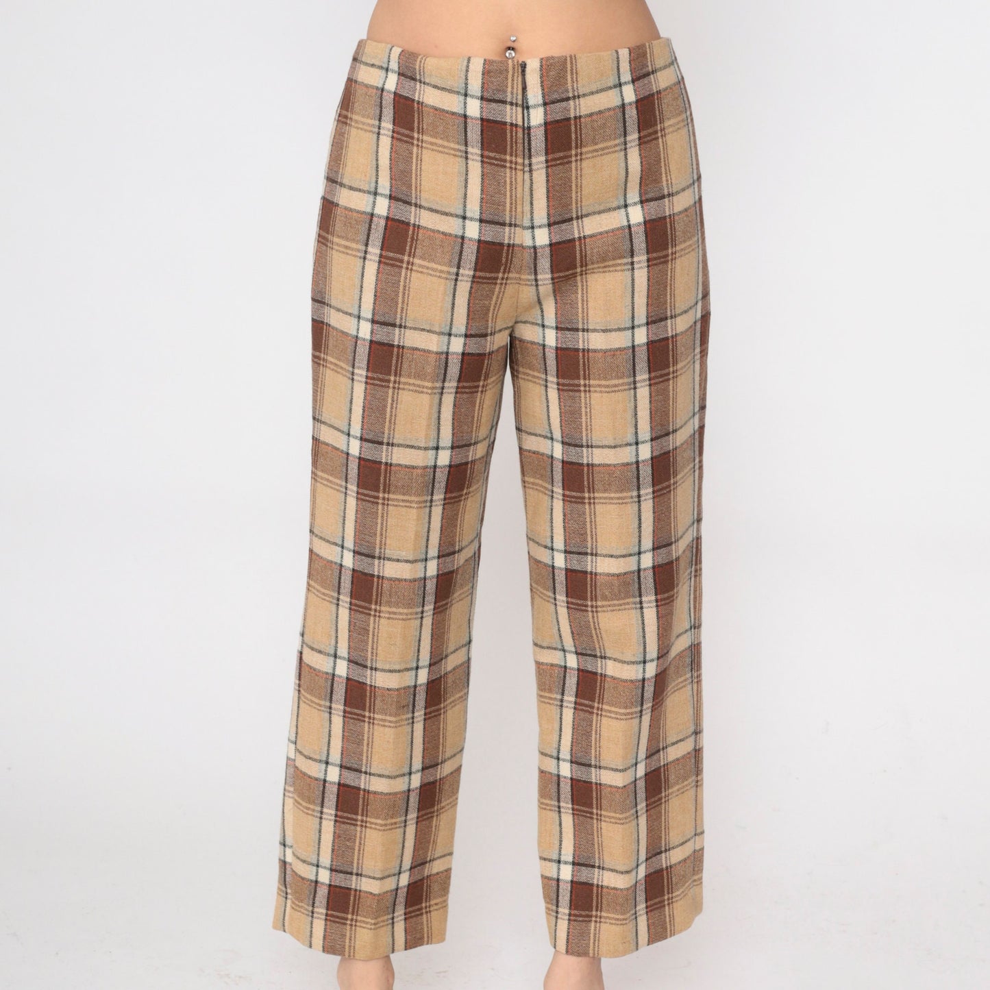 60s Tan Plaid Wool Trousers High Waisted Straight Leg Large L