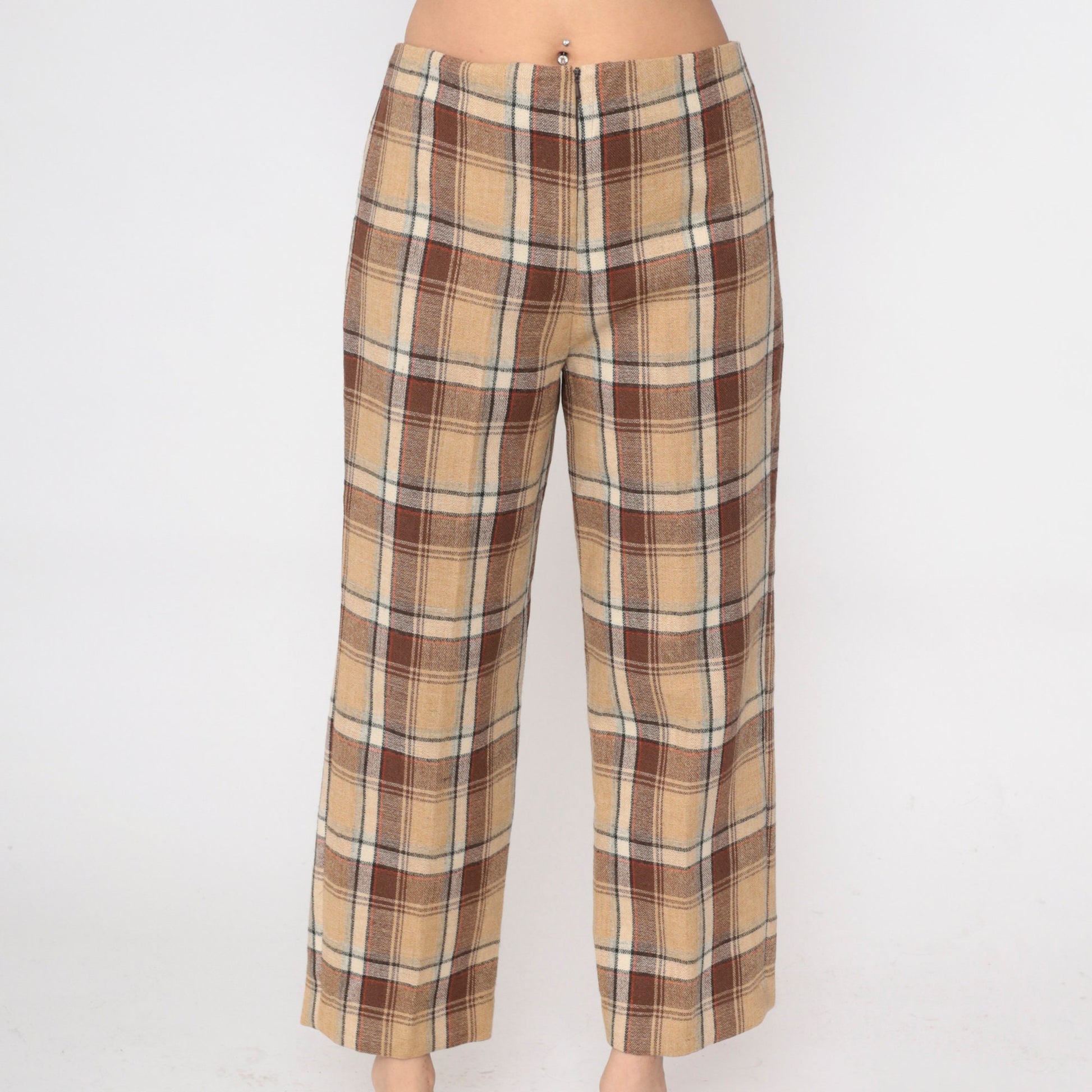 60s Tan Plaid Wool Trousers High Waisted Straight Leg Large L