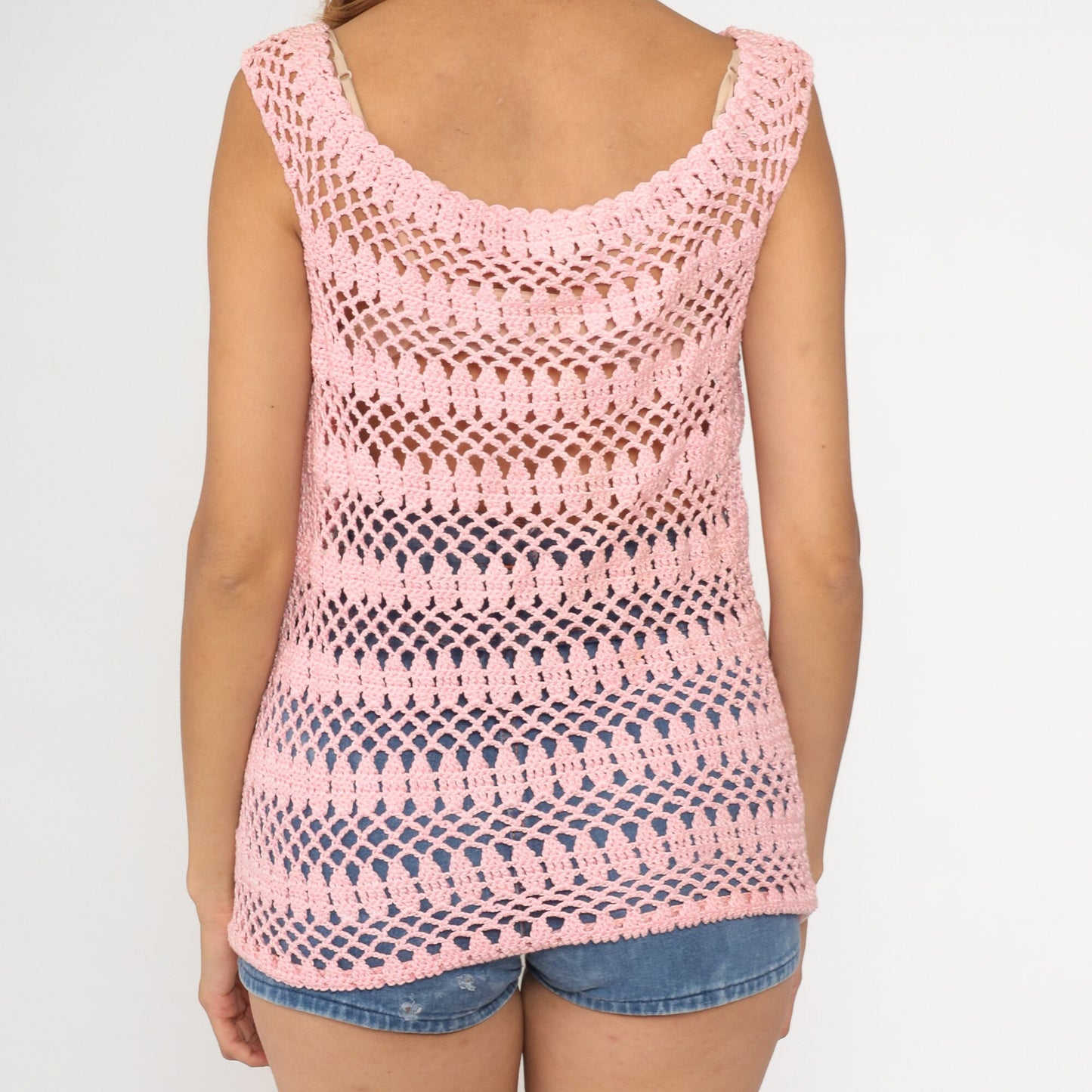 70s Baby Pink Crochet Tank Top Cotton Sheer Knit Small