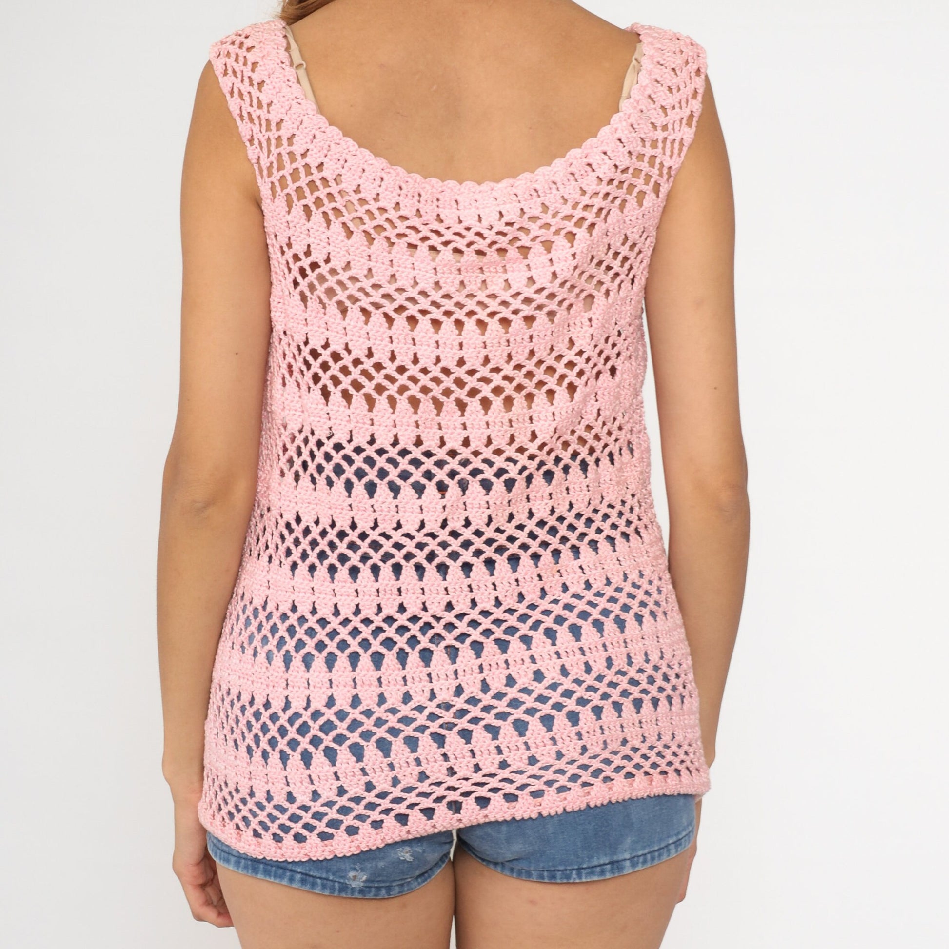 70s Baby Pink Crochet Tank Top Cotton Sheer Knit Small
