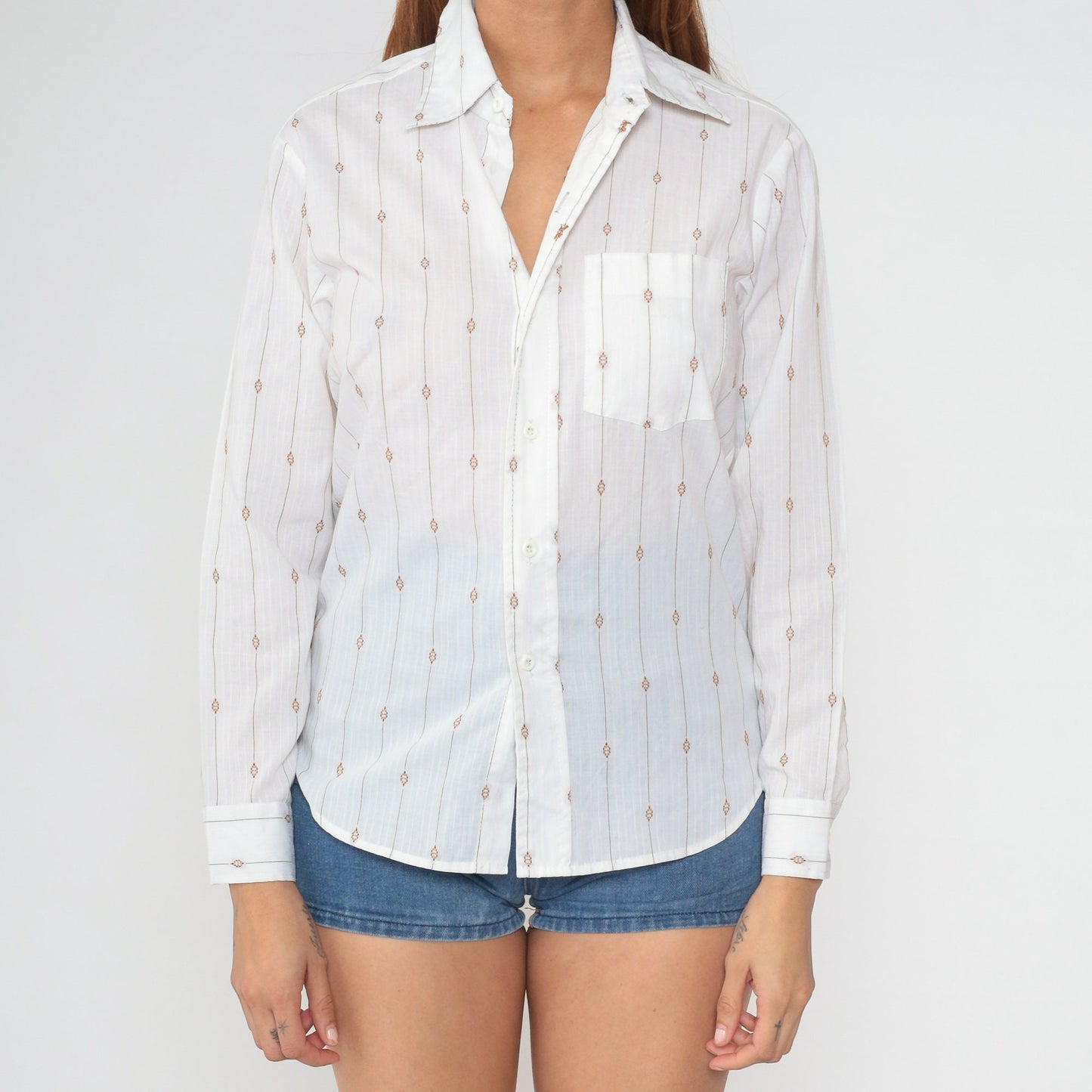 70s White Pinstriped Oxford Button-Up Shirt Dagger Collar Long Sleeve Small