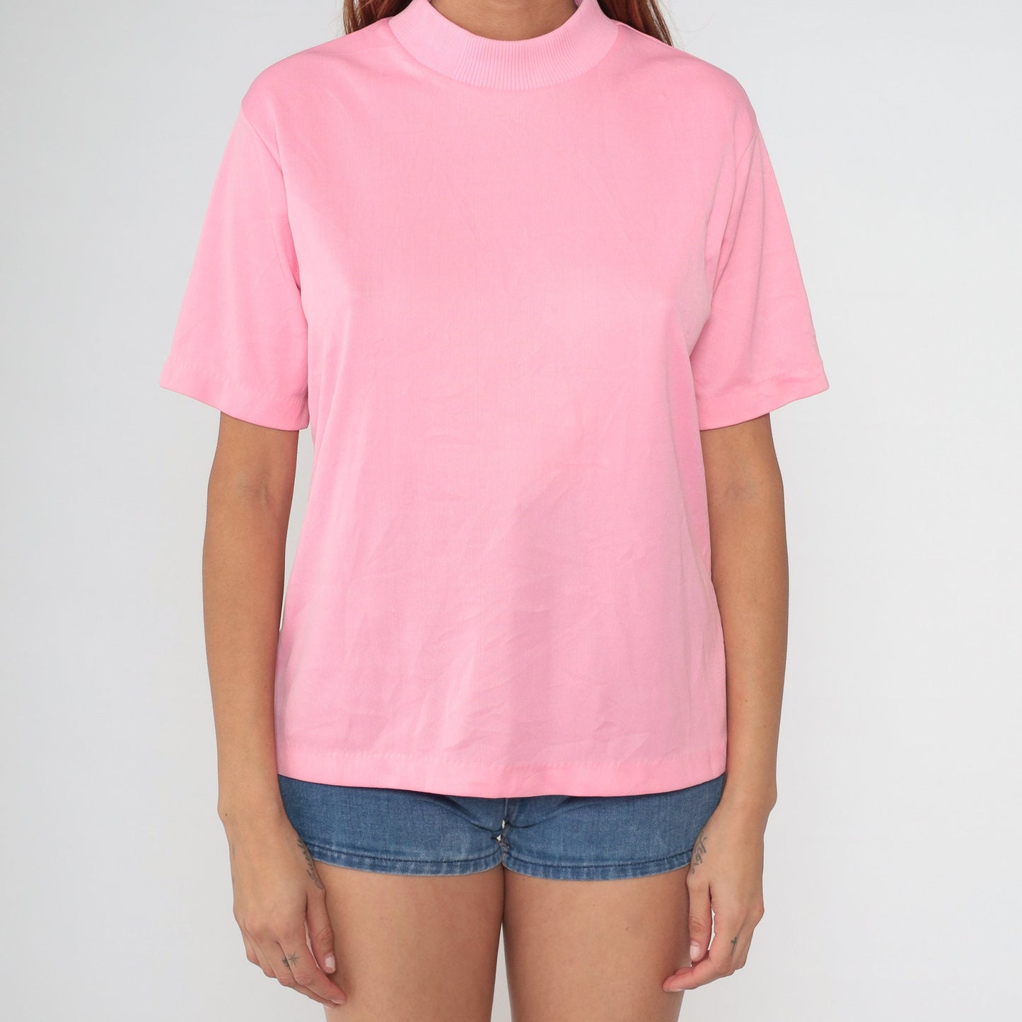 70s Pink Mock Neck Shirt Short Sleeve Blouse Medium Large