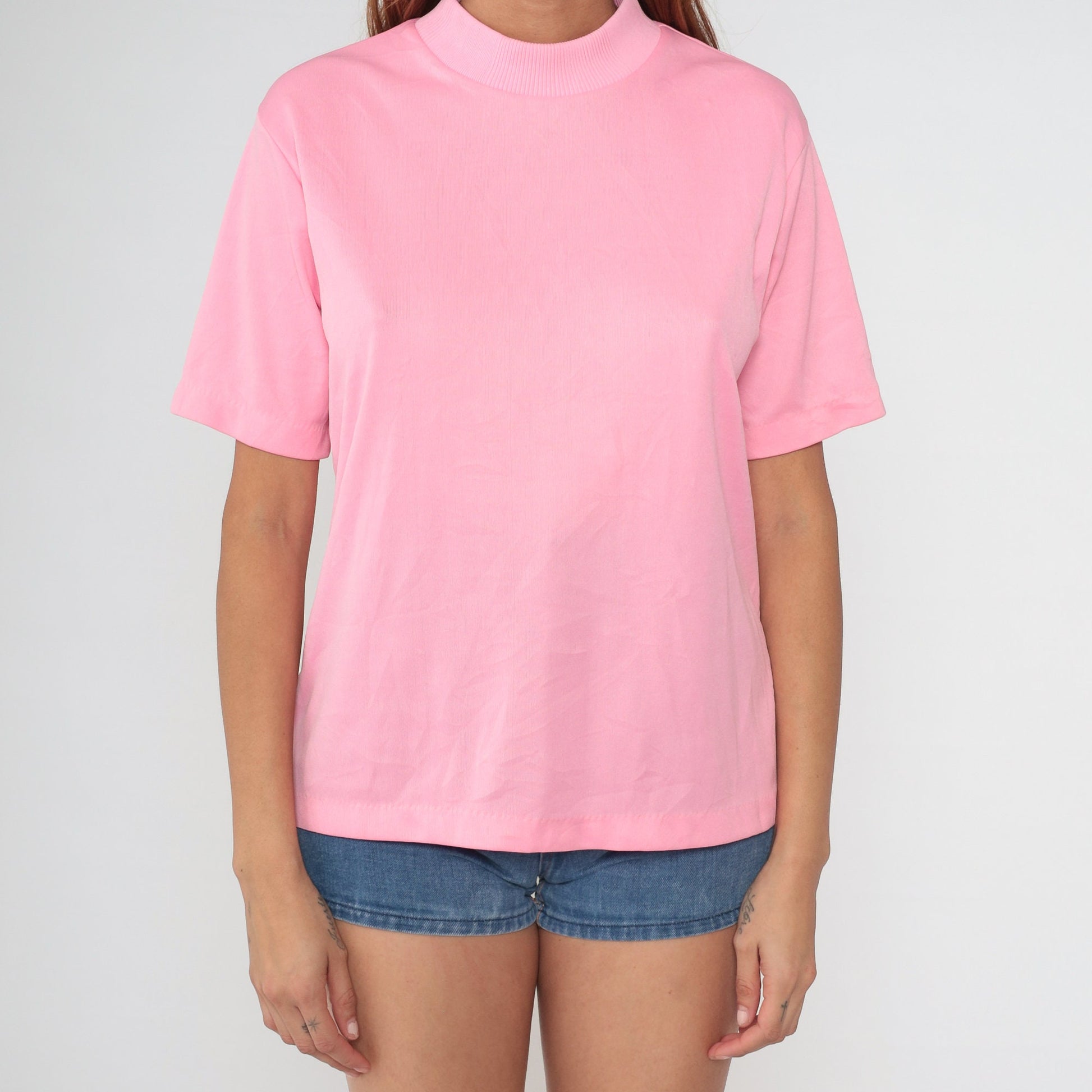 70s Pink Mock Neck Shirt Short Sleeve Blouse Medium Large