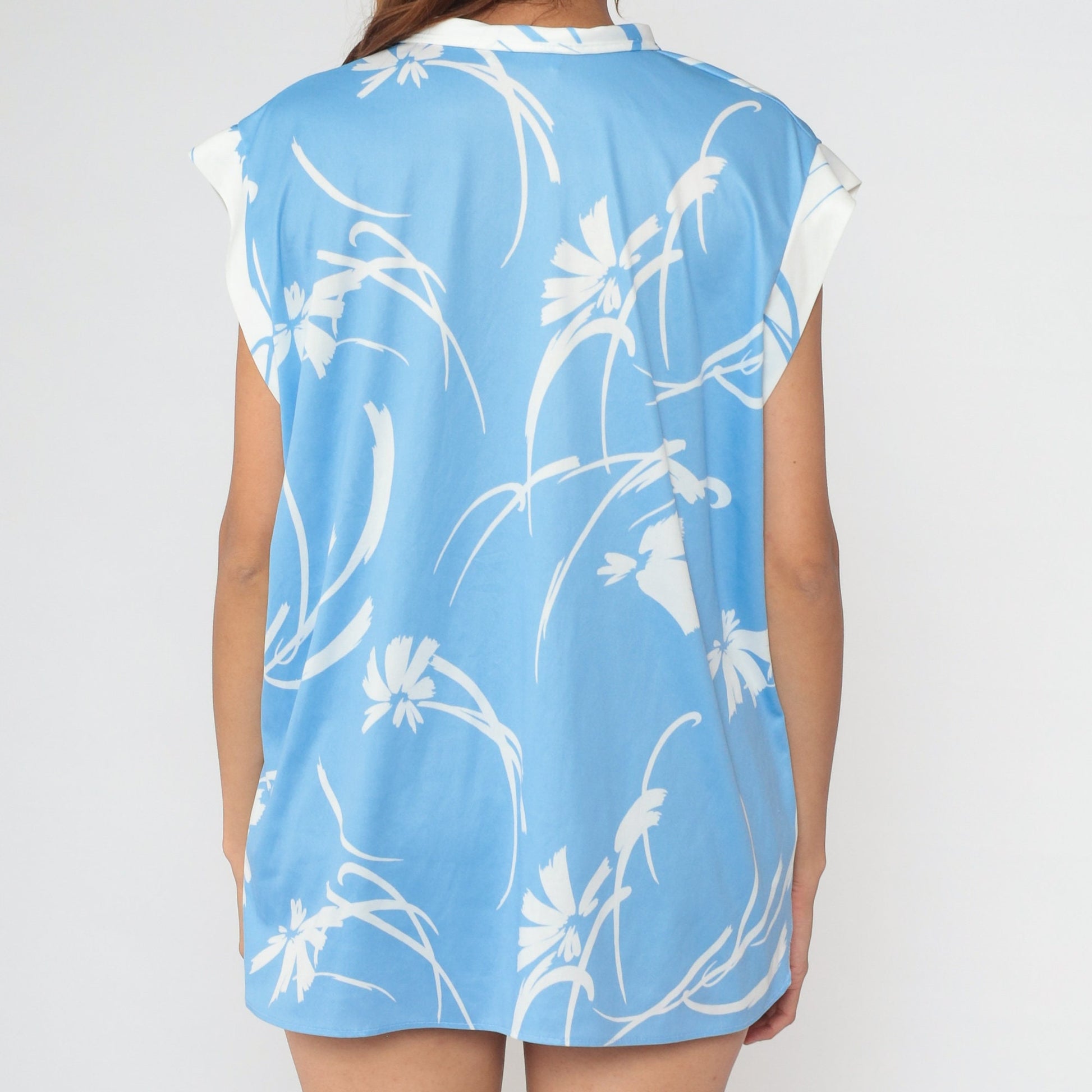 70s Blue Floral Blouse Keyhole Mandarin Collar Cap Sleeve Extra Large
