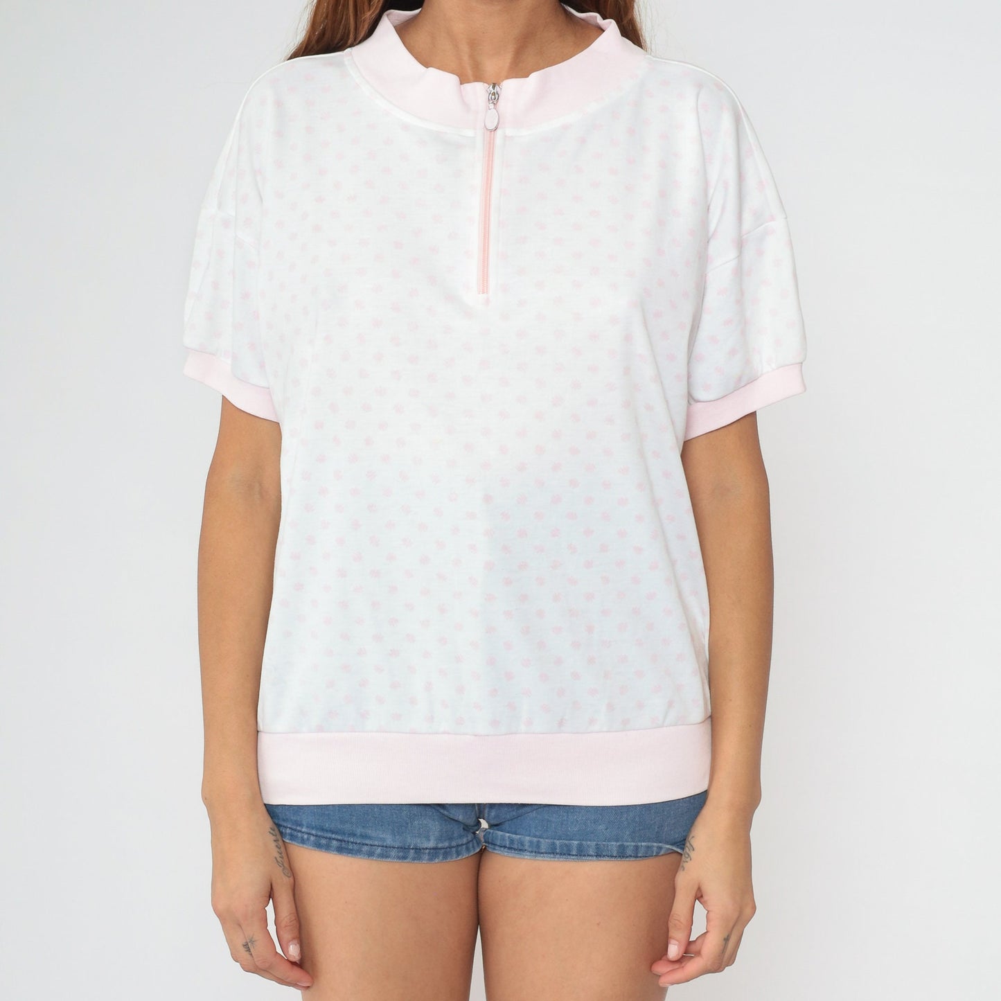 90s White Pink Polka Dot Quarter Zip Short Sleeve Shirt Large L