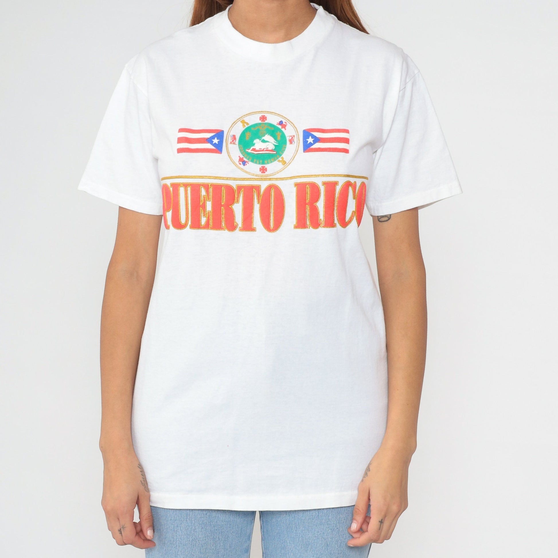 90s Puerto Rico Flag Graphic T-Shirt Cotton Single Stitch White Small