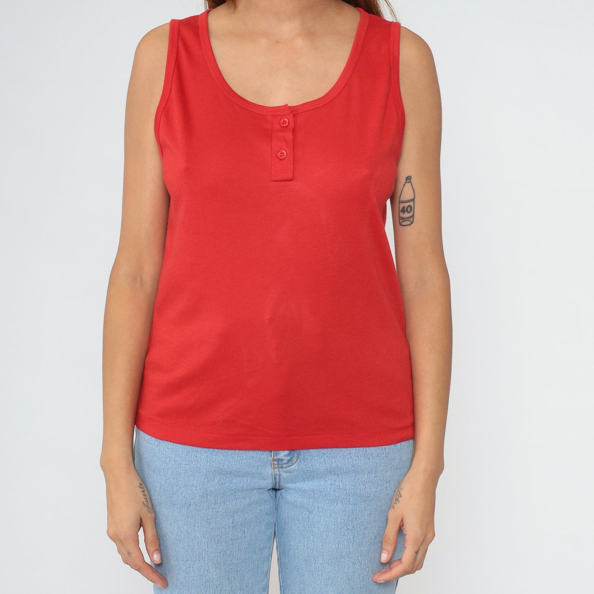80s Red Cotton Henley Tank Top Button Chest Sleeveless Medium