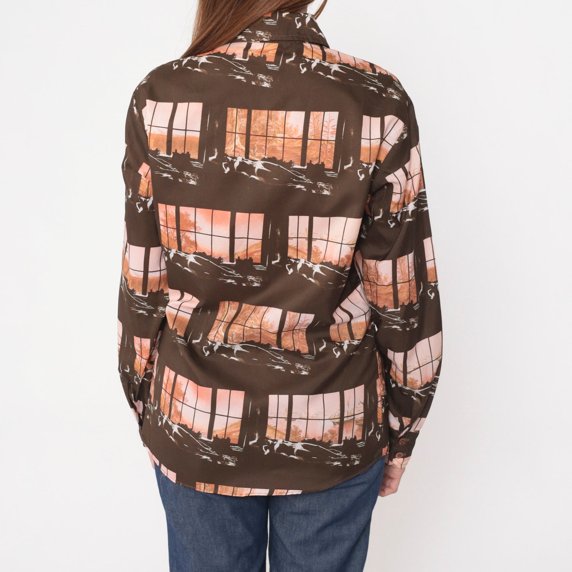 70s Disco Shirt Brown Art Print Button Up Dagger Collar Long Sleeve Medium