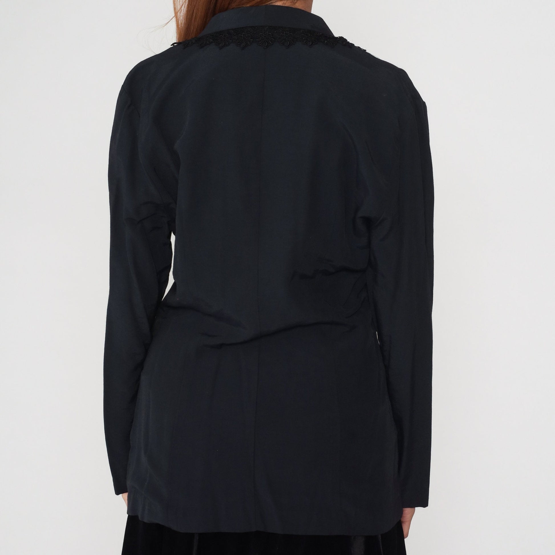90s Black Blazer Jacket Lace Trim Deep V Neck Button Up Medium M