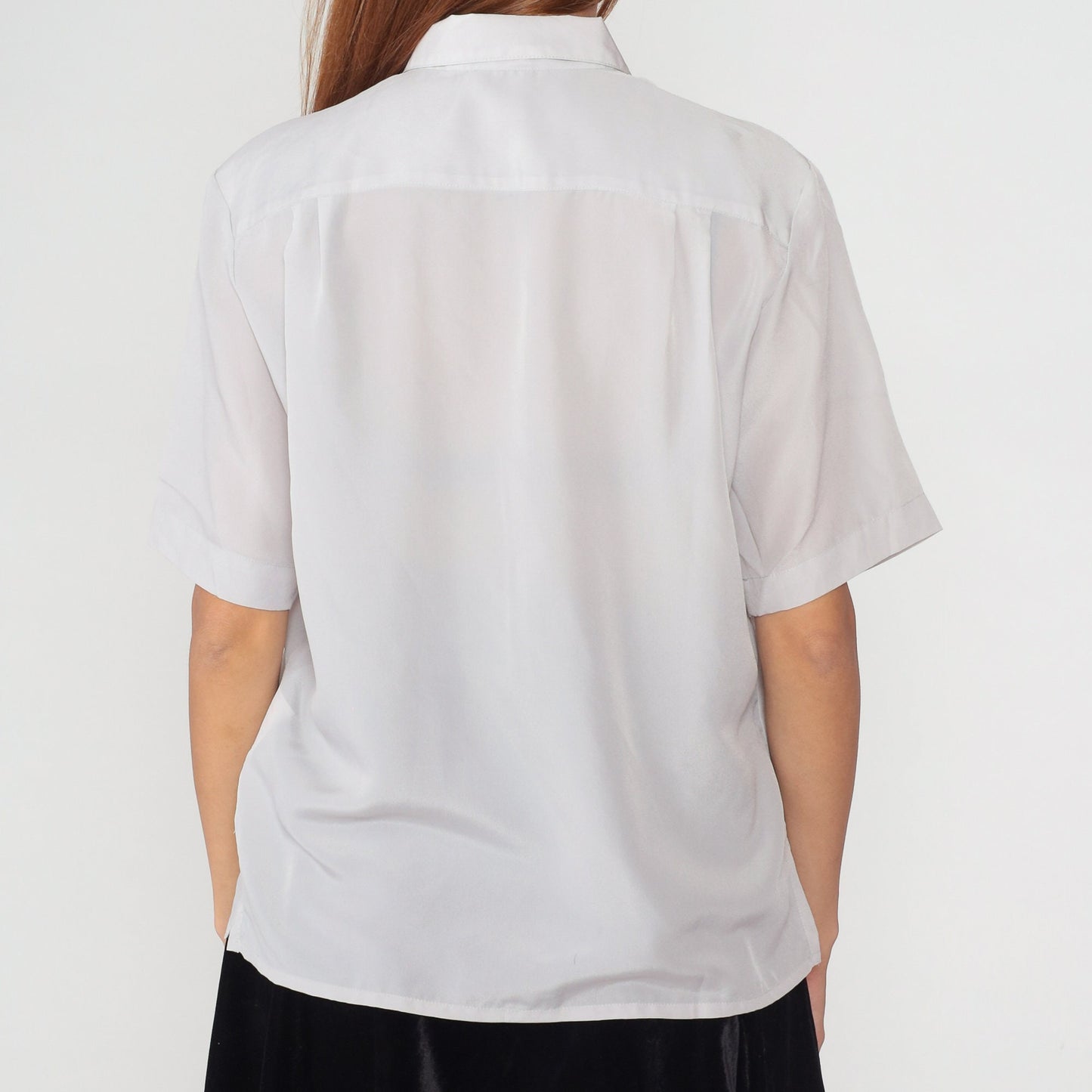 80s Pale Grey Button-Up Blouse Short Sleeve Collared Shirt Medium