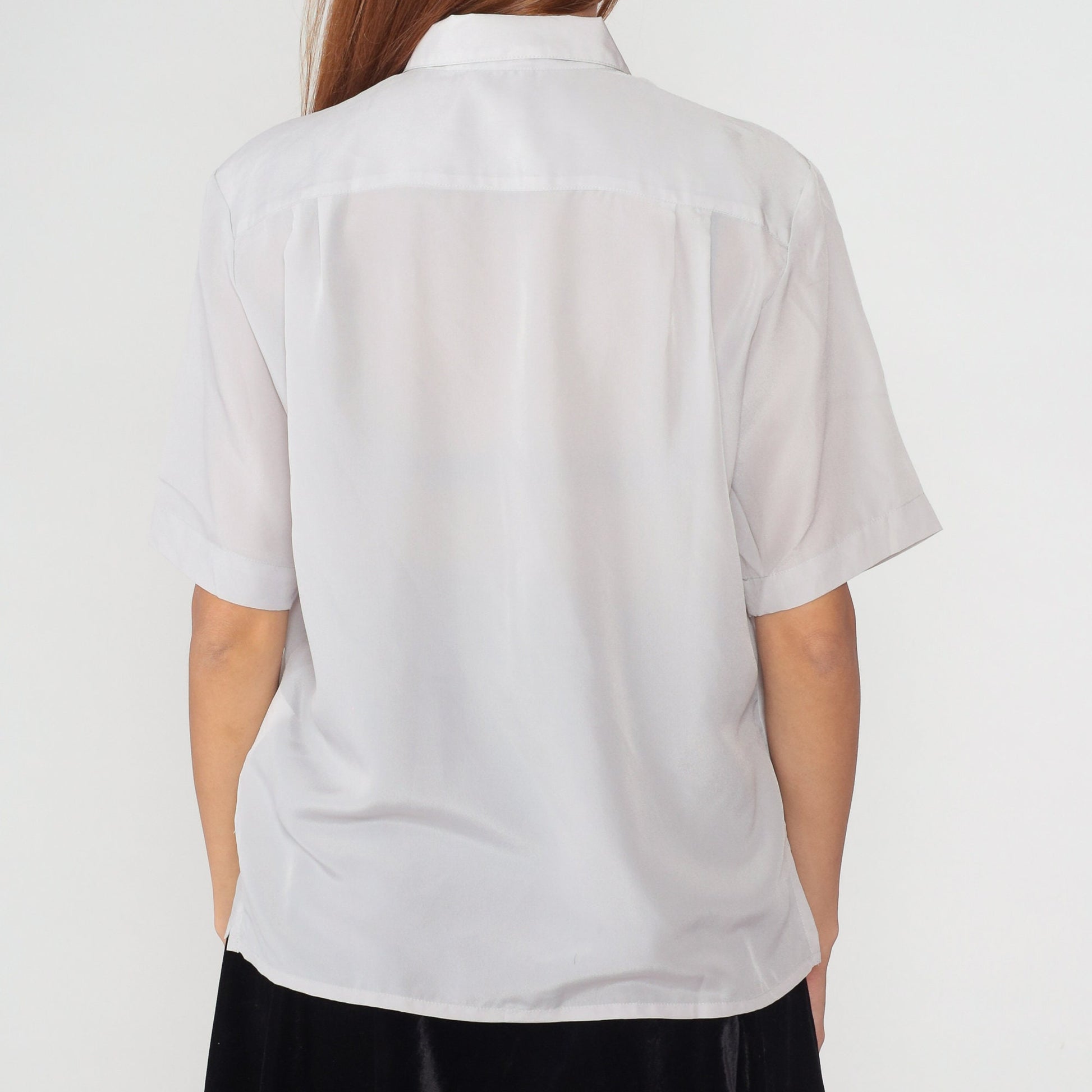 80s Pale Grey Button-Up Blouse Short Sleeve Collared Shirt Medium