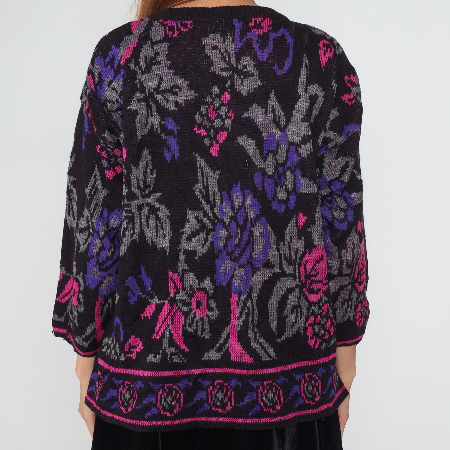 80s Black Floral Knit Sweater Pink Purple Rose All-Over Print Large L