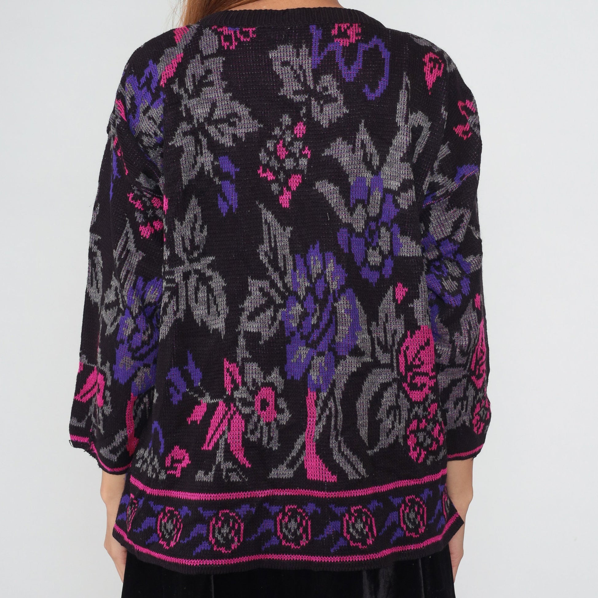 80s Black Floral Knit Sweater Pink Purple Rose All-Over Print Large L