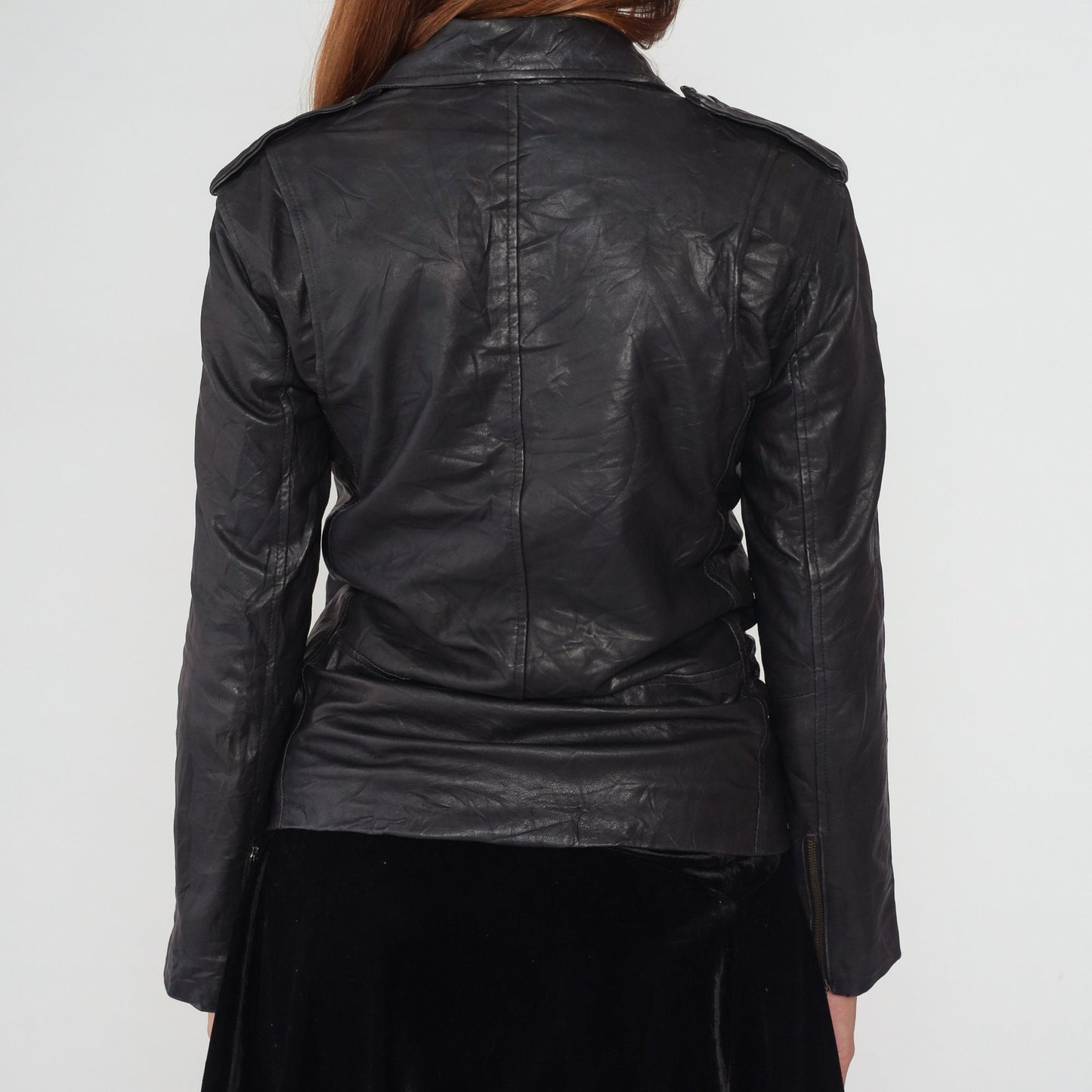 Y2K Sara Bermen Black Leather Moto Jacket Zip Front Small S