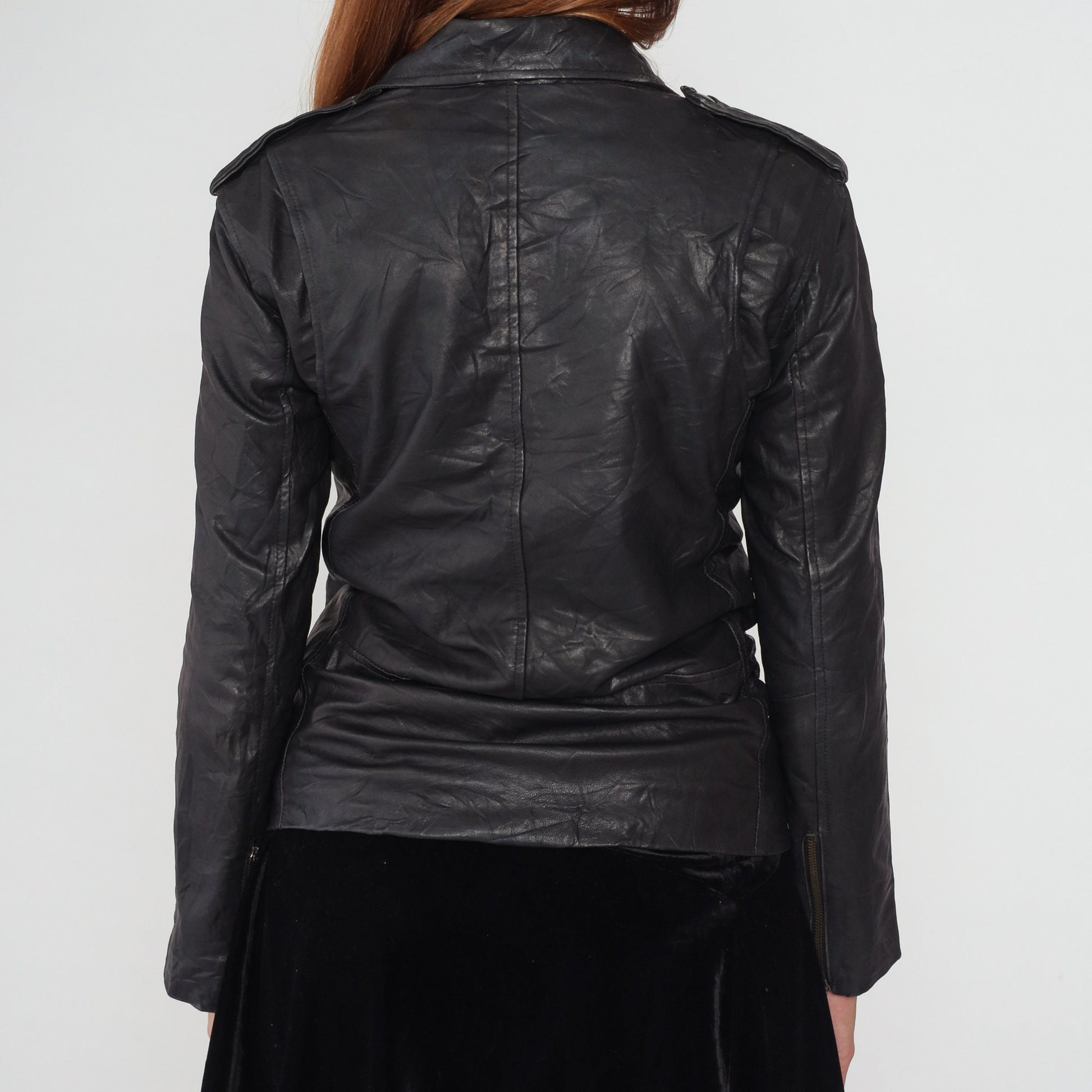 Y2K Sara Bermen Black Leather Moto Jacket Zip Front Small S