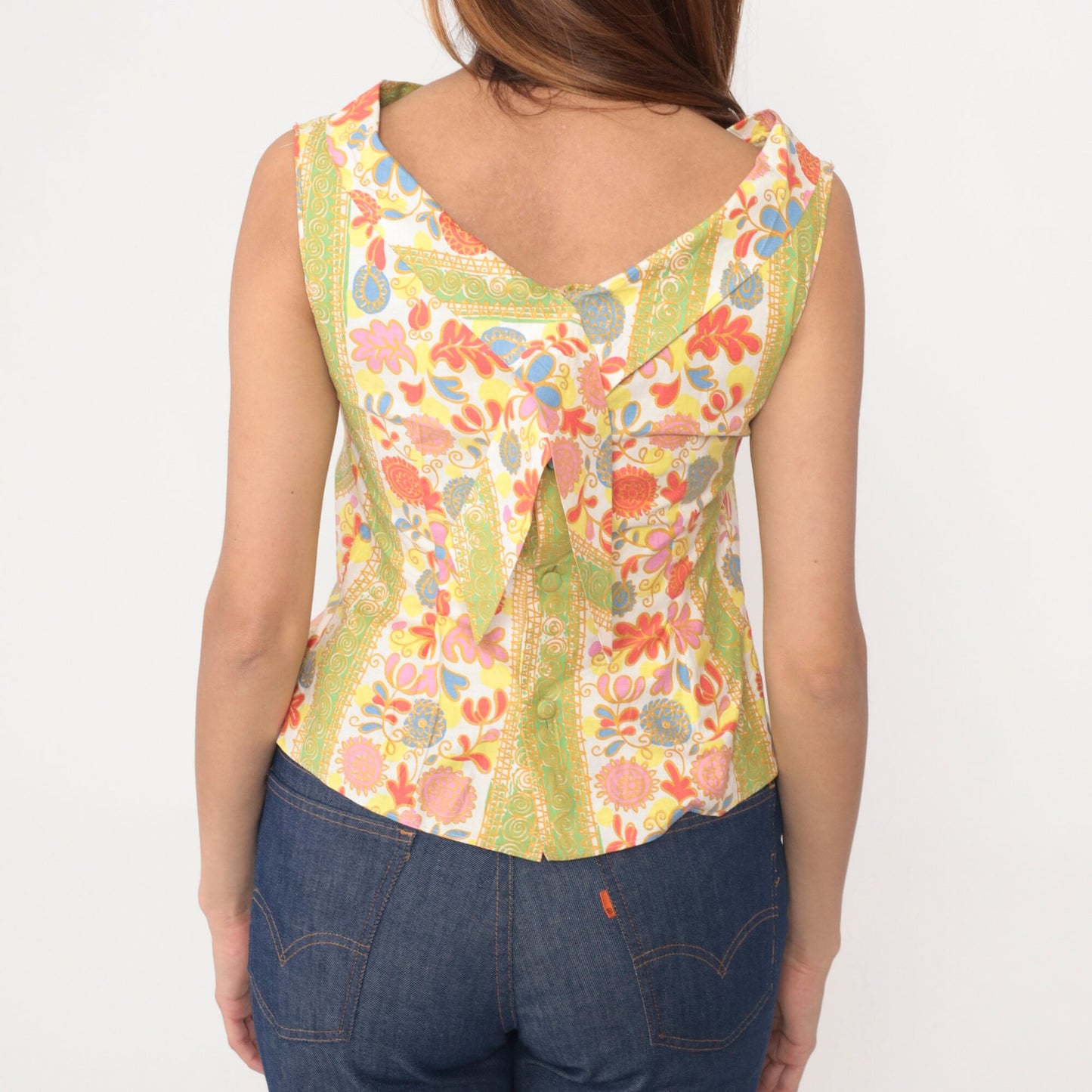 60s Floral Heart Tank Top Button Back Boatneck Cotton Sleeveless Extra Small