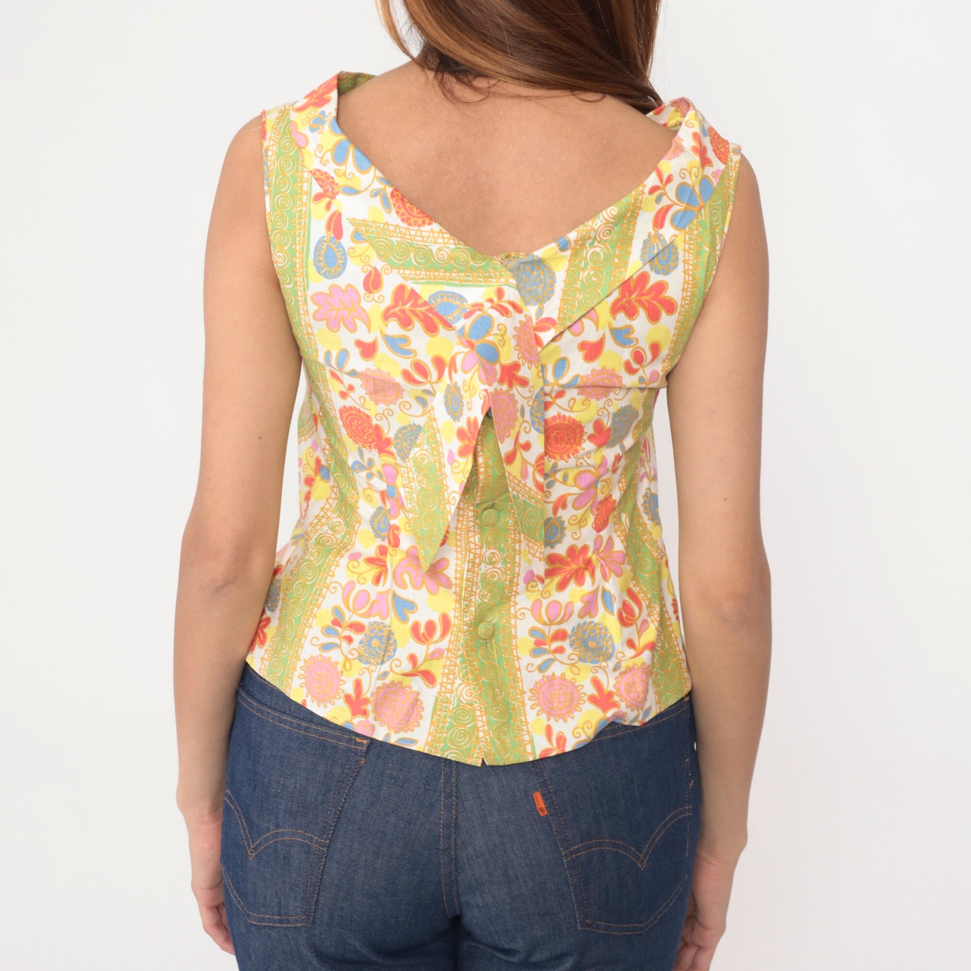 60s Floral Heart Tank Top Button Back Boatneck Cotton Sleeveless Extra Small