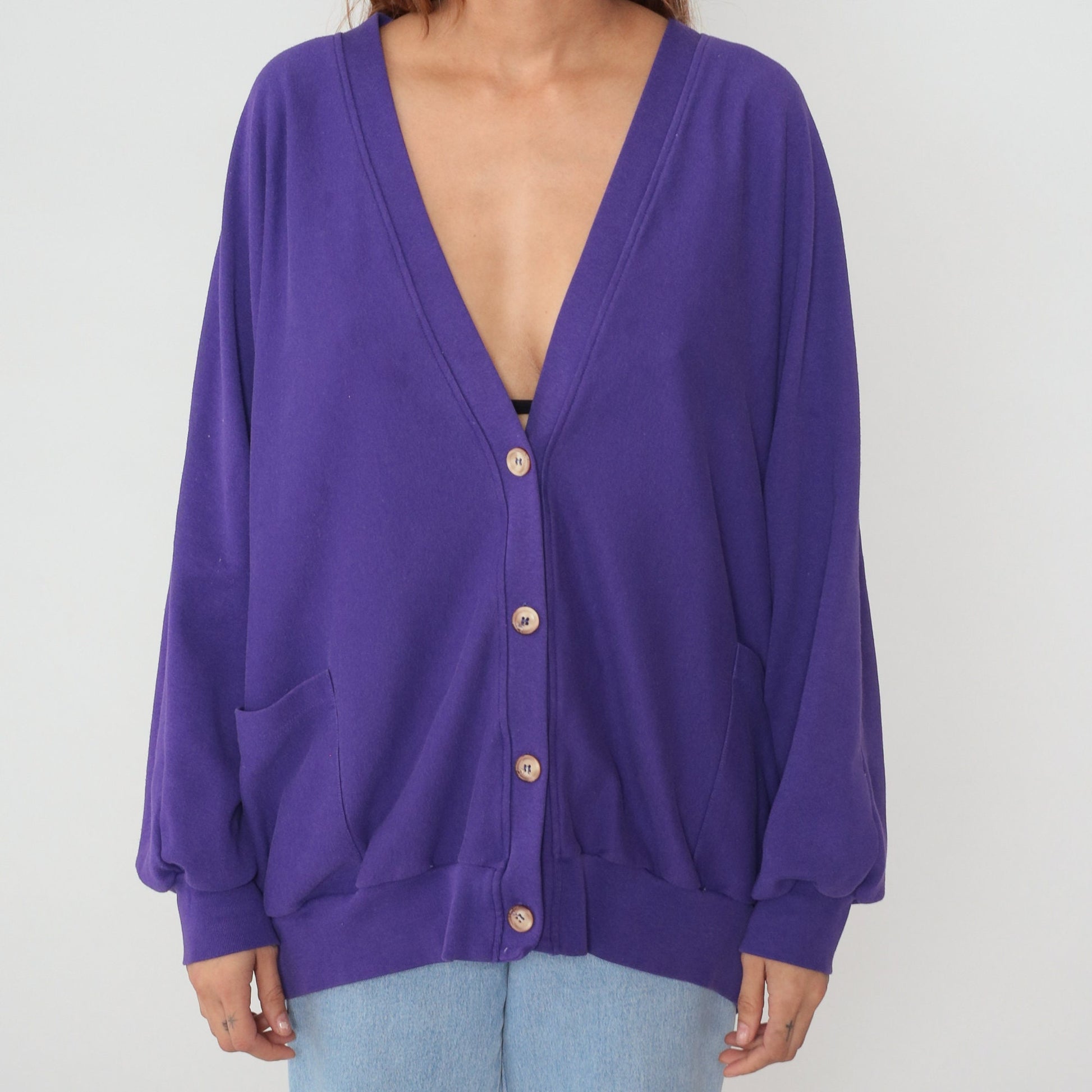 90s Purple Cardigan Sweatshirt Button Up Slouchy Pockets One Size