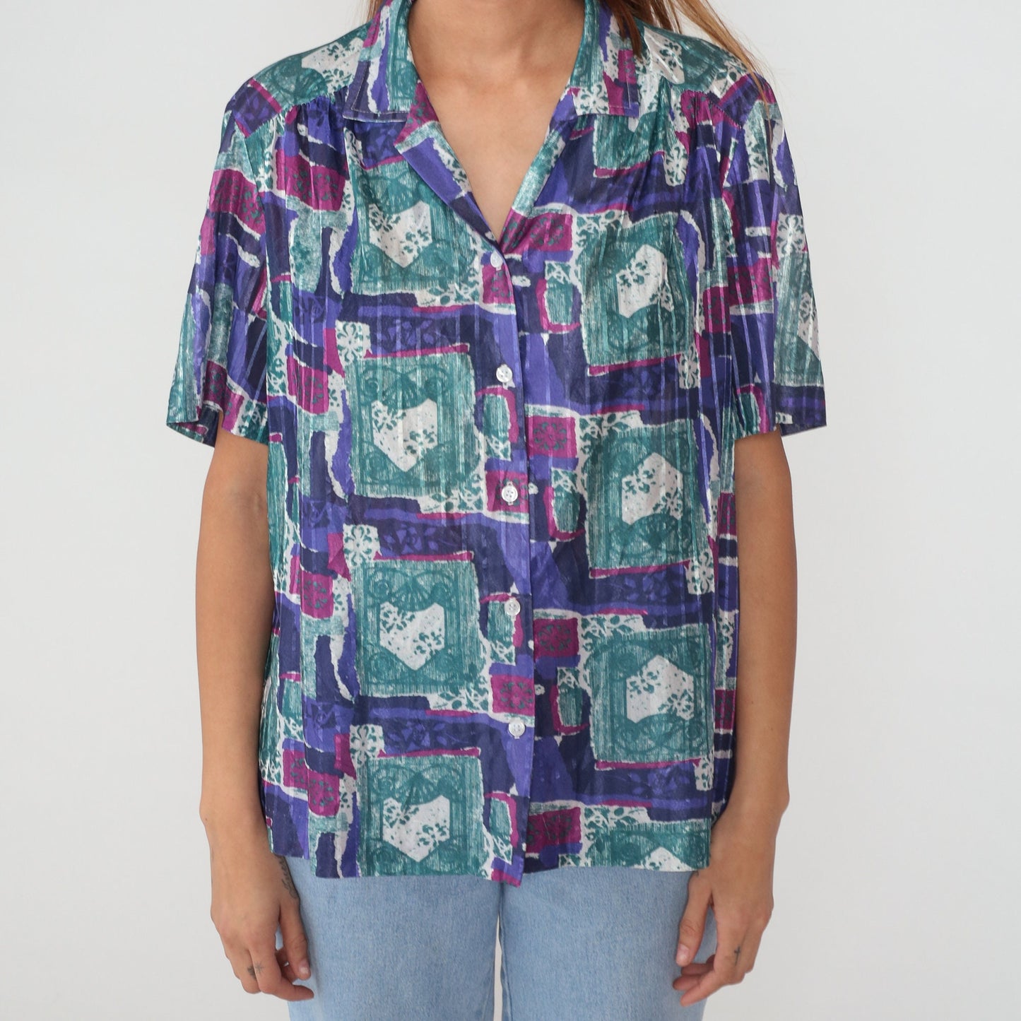 90s Abstract Floral Button-Up Blouse Short Sleeve Purple Pink Blue-Green XXL
