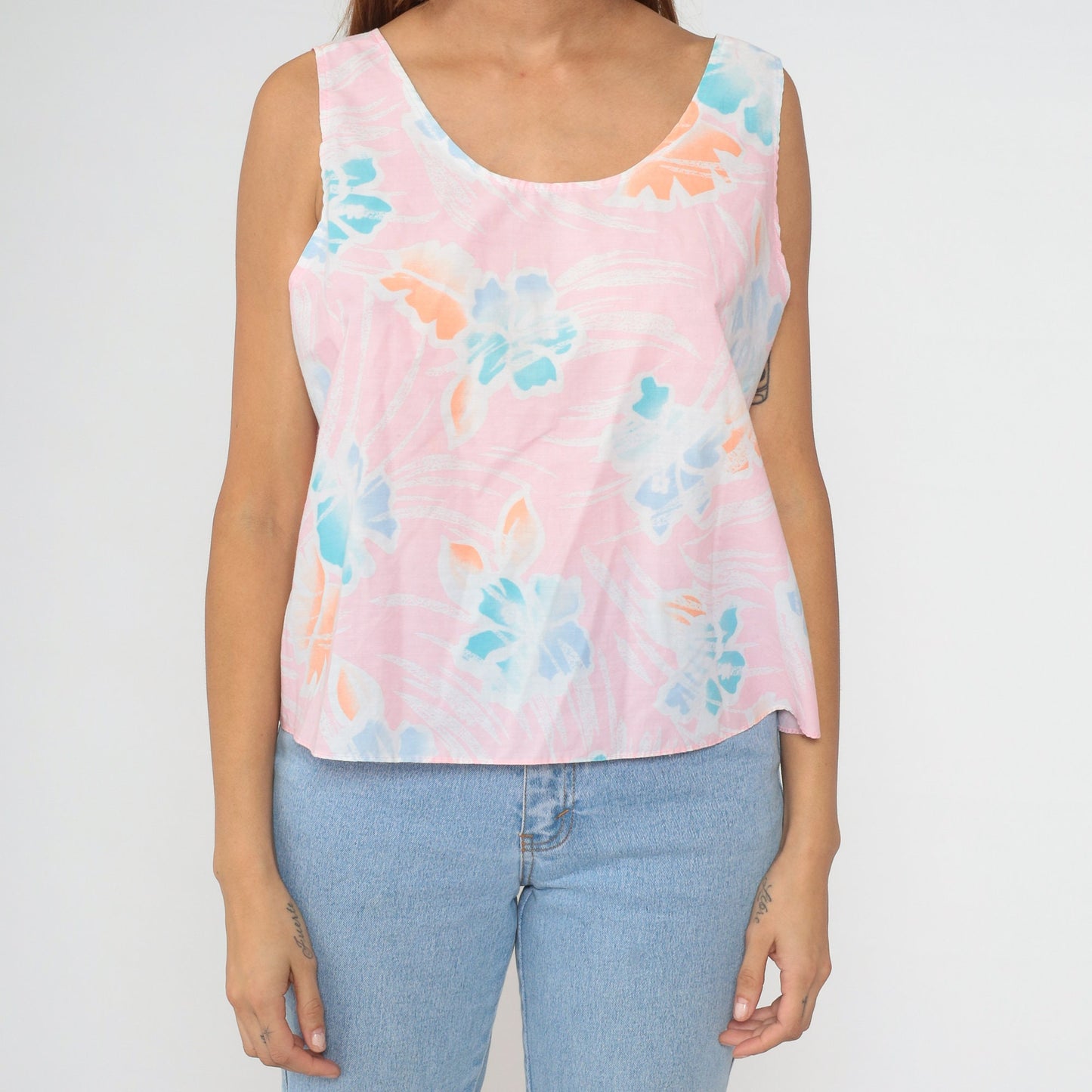 90s Hilo Hattie Tropical Floral Tank Top Pink Hibiscus Print Extra Large XXL