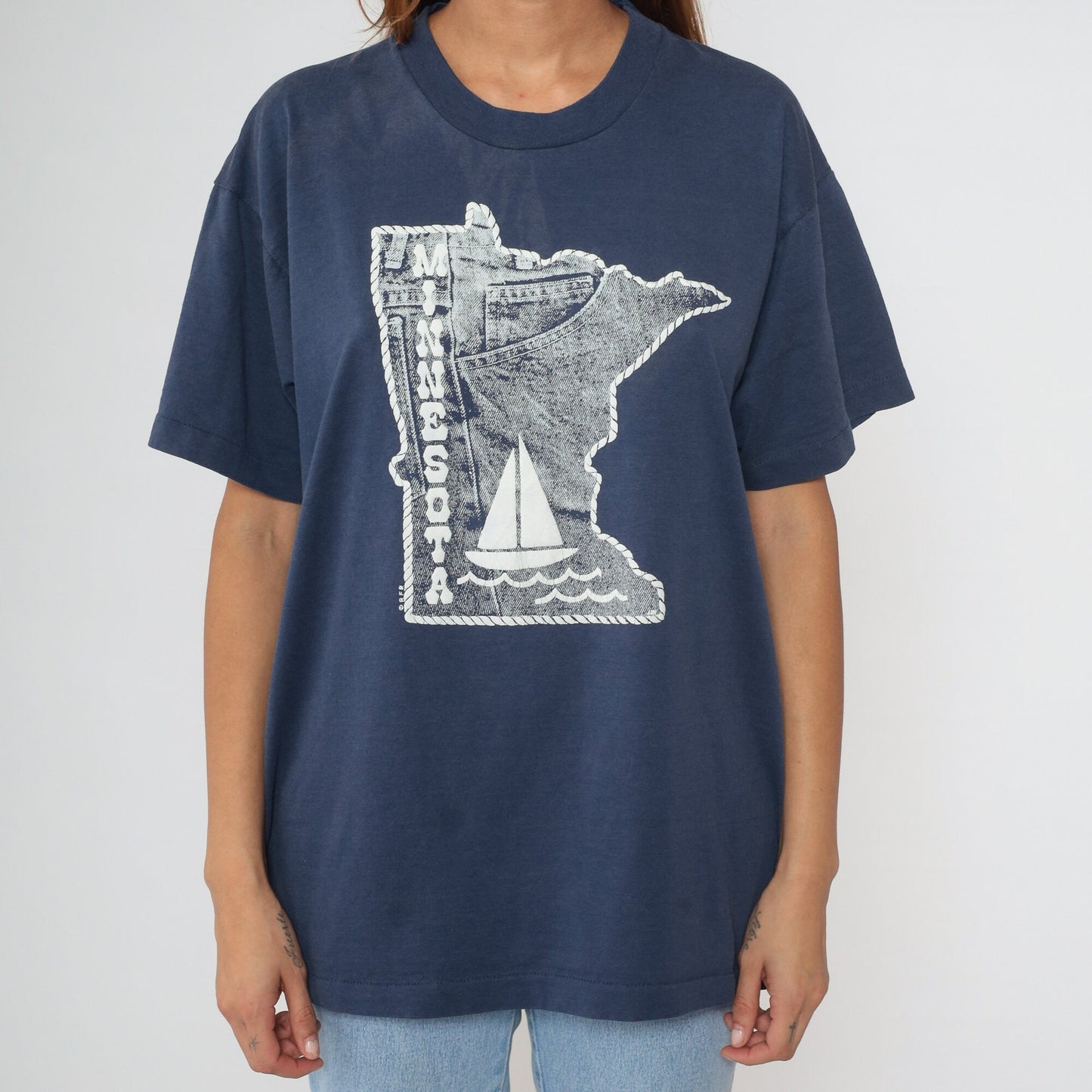 90s Minnesota State Map Sailboat T Shirt Navy Blue Screen Stars Extra Large