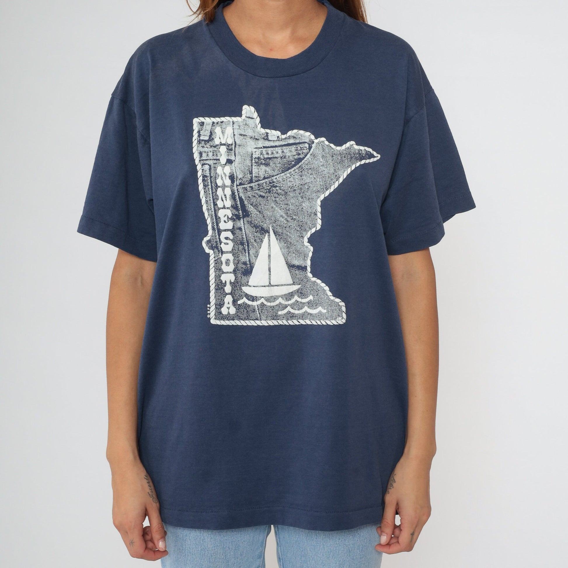 90s Minnesota State Map Sailboat T Shirt Navy Blue Screen Stars Extra Large