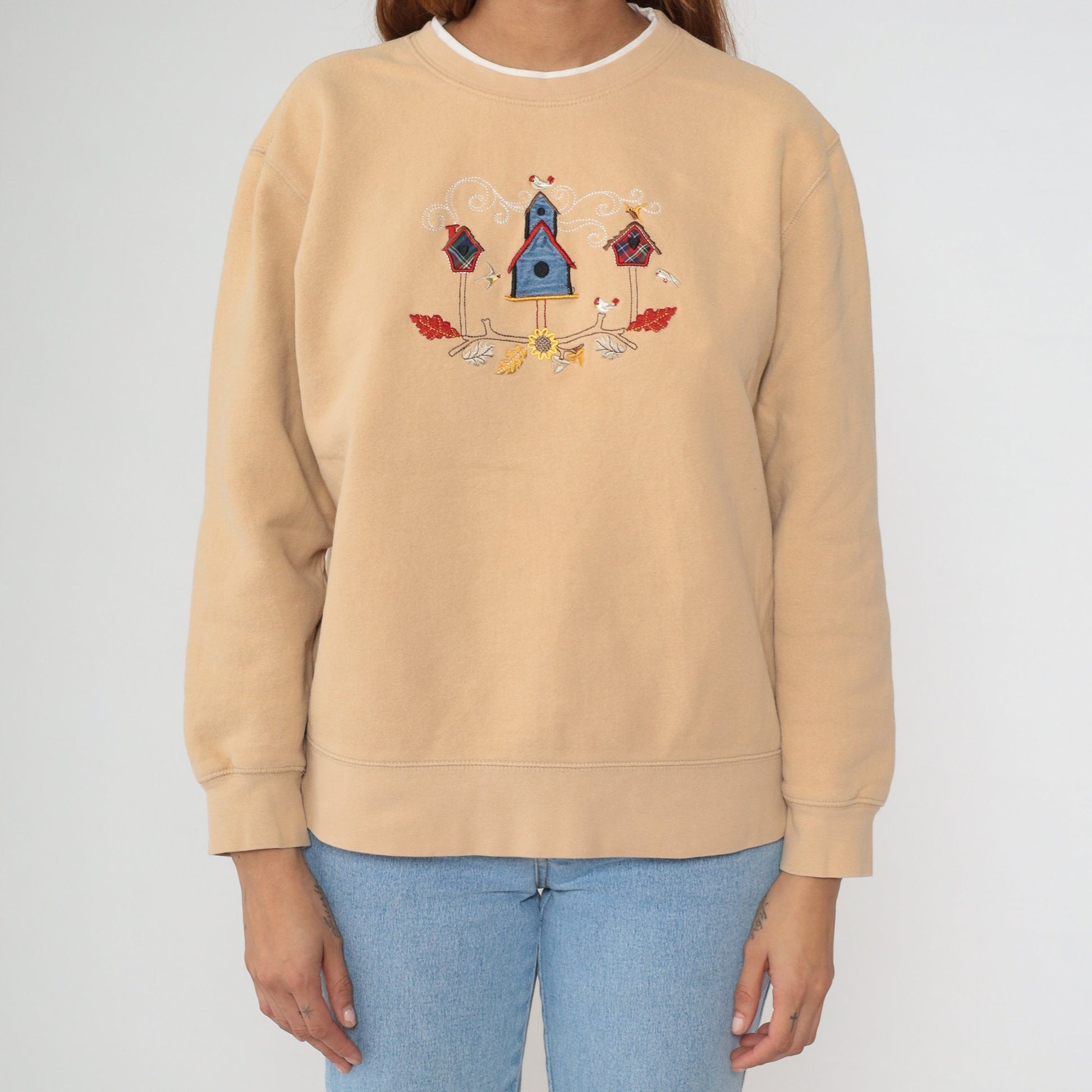 90s Birdhouse Embroidered Sweatshirt Tan Crewneck Large L
