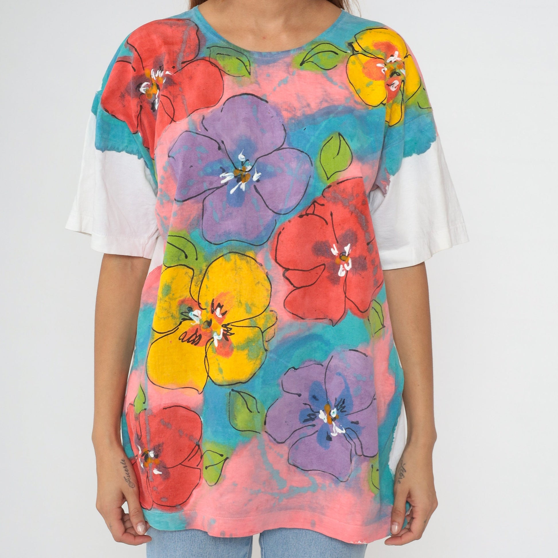 90s Floral Paint Splatter T-Shirt Purple Yellow Pink Blue Single Stitch Large