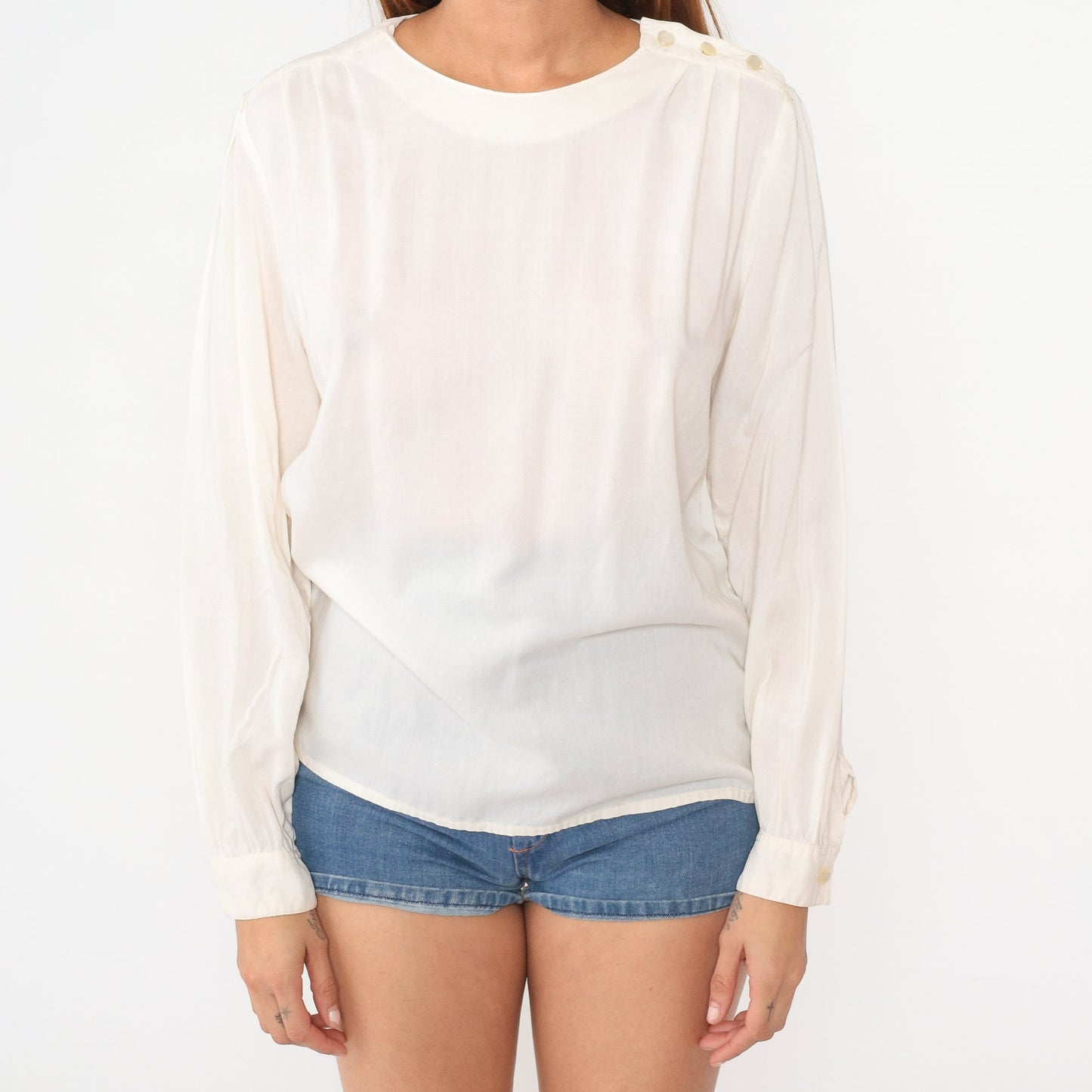 90s White Rayon Blouse Puff Sleeve Shoulder Button Top Medium