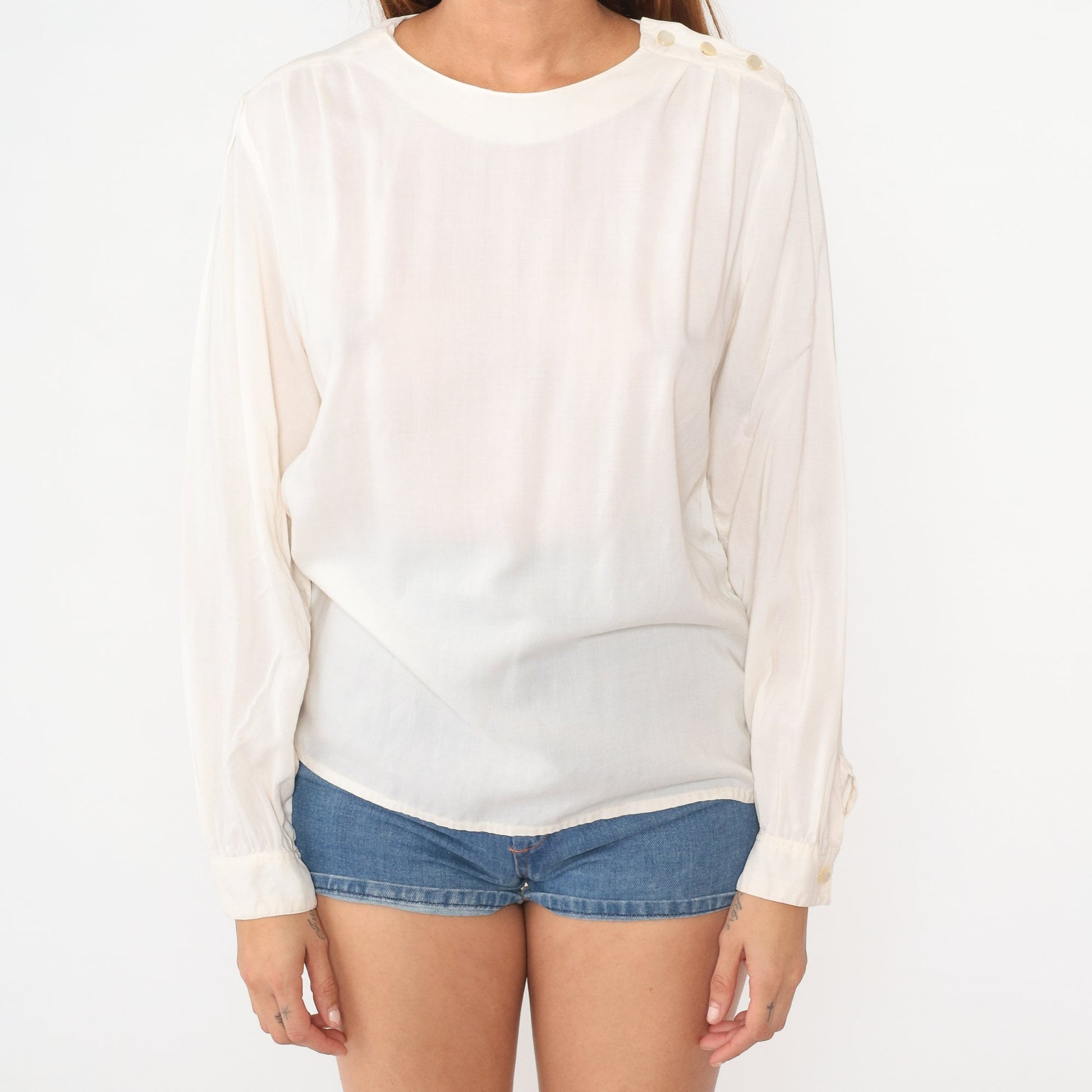 90s White Rayon Blouse Puff Sleeve Shoulder Button Top Medium