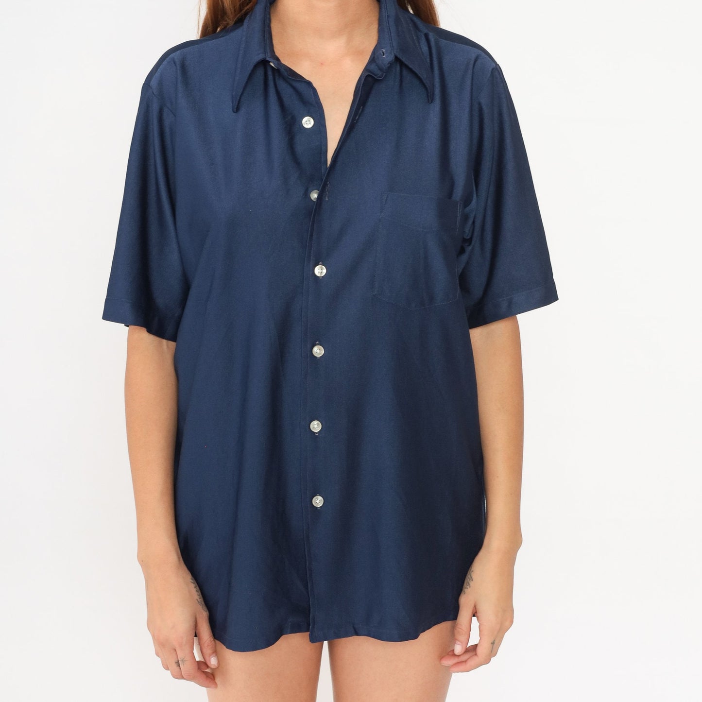 70s Navy Button-Up Shirt Dagger Collar Shiny Disco Short Sleeve Large