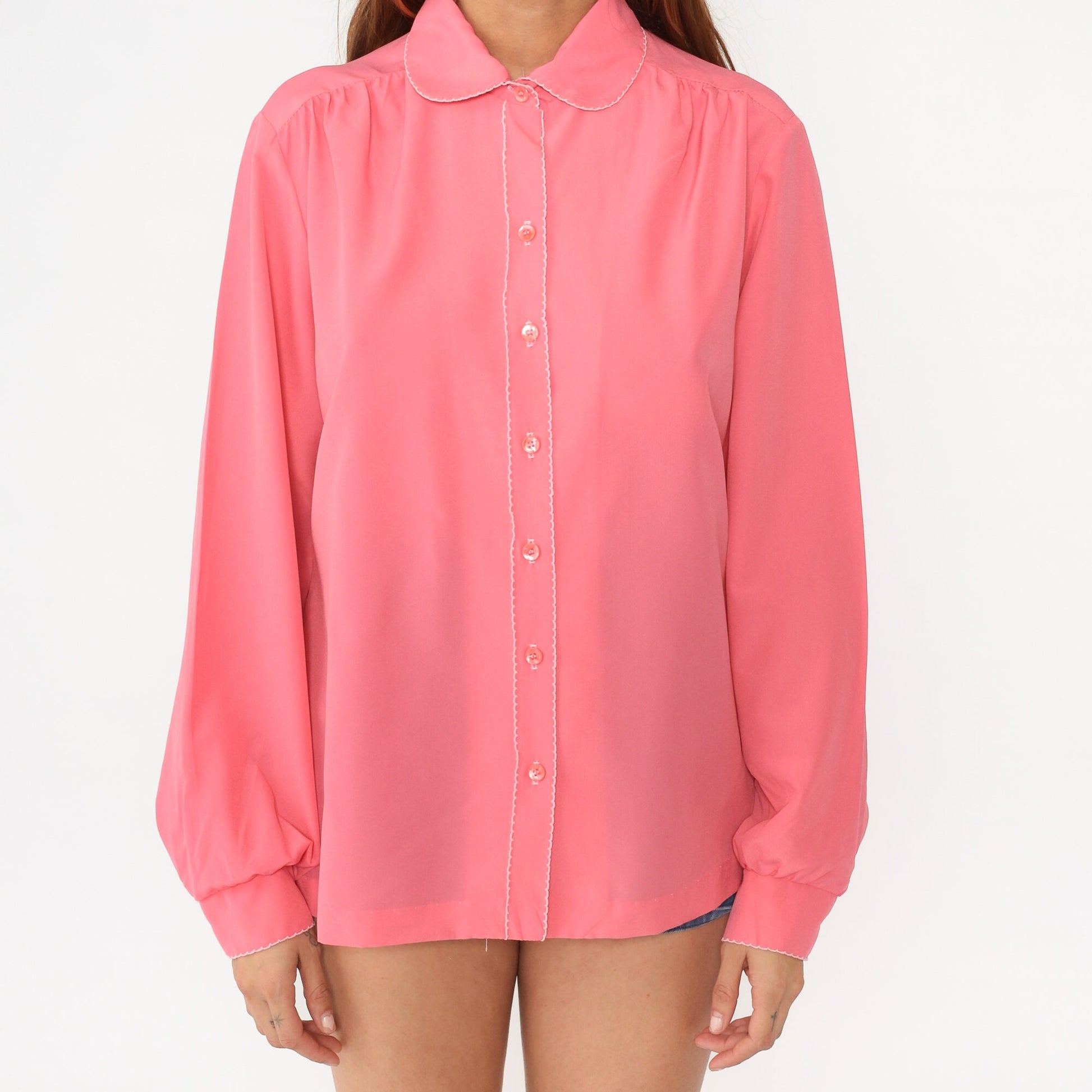70s Pink Peter Pan Collar Blouse Long Sleeve Button Up Large L