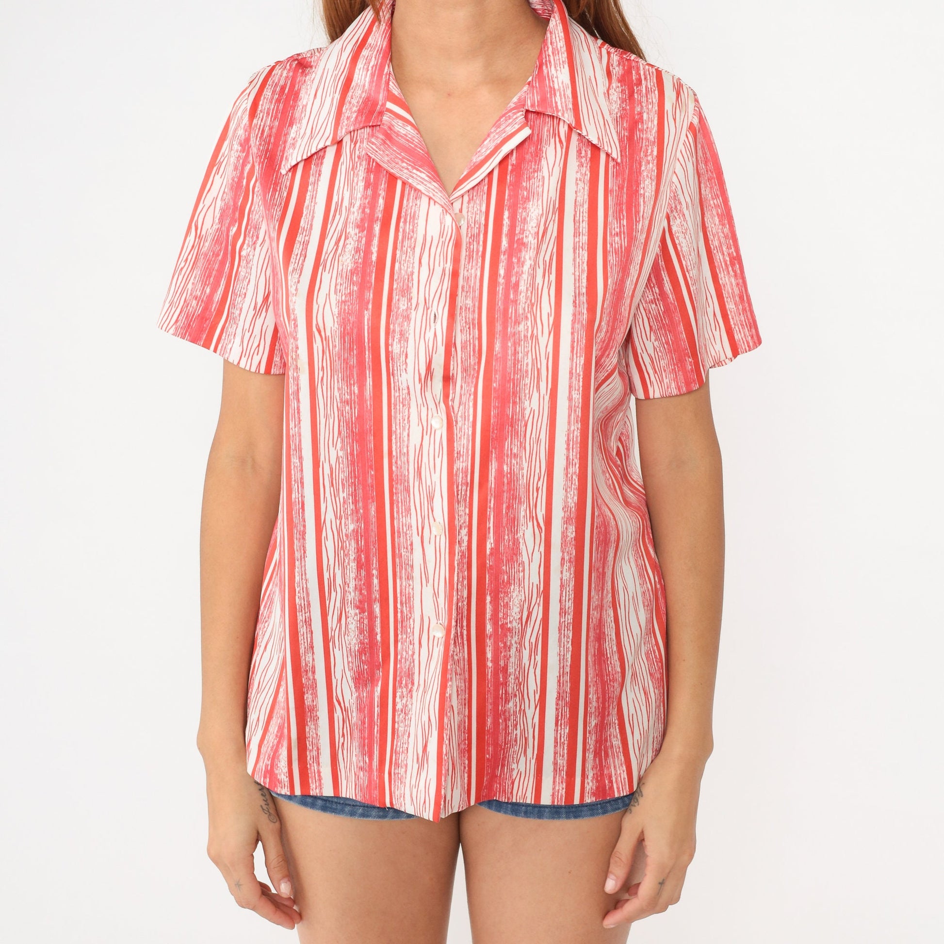 70s Graff Striped Button-Up Blouse Coral Red Orange White Short Sleeve Large