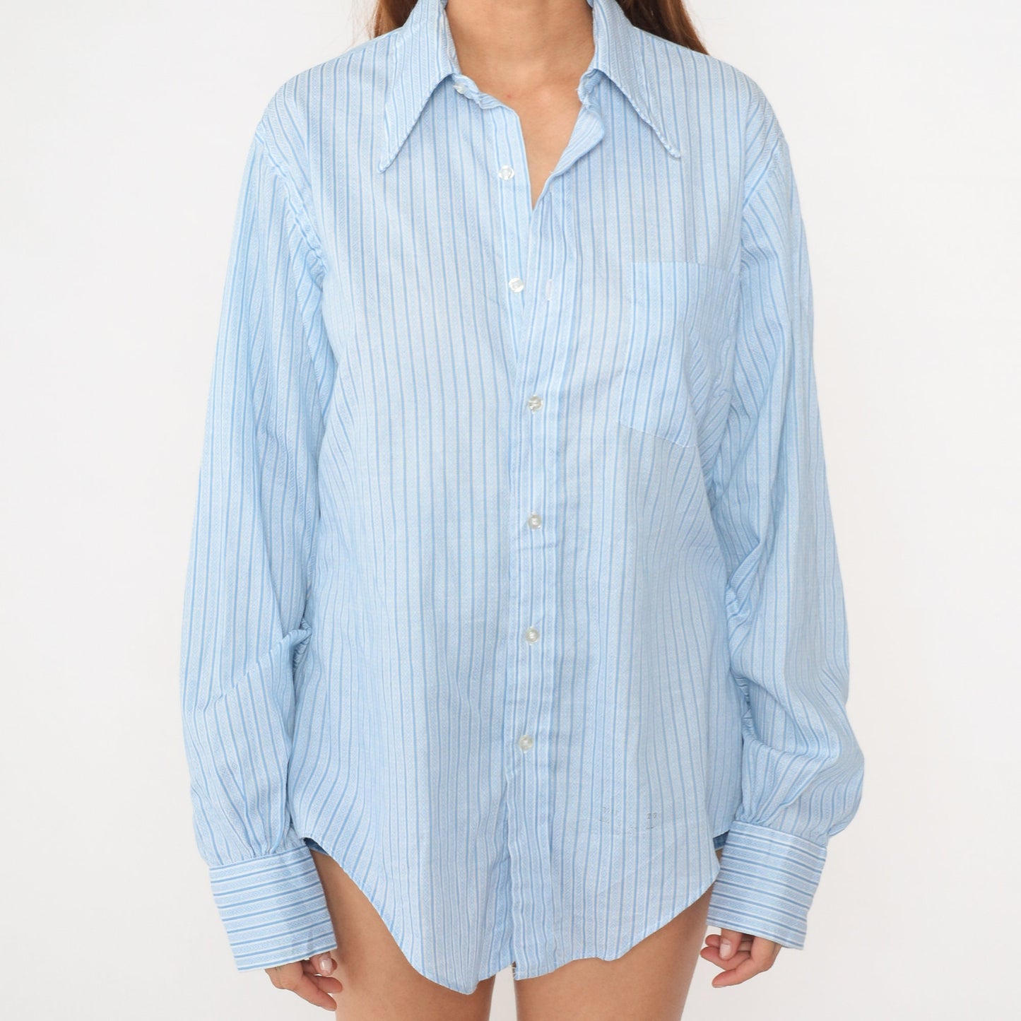 70s Grodins Blue Striped Oxford Shirt Southwestern Print Medium