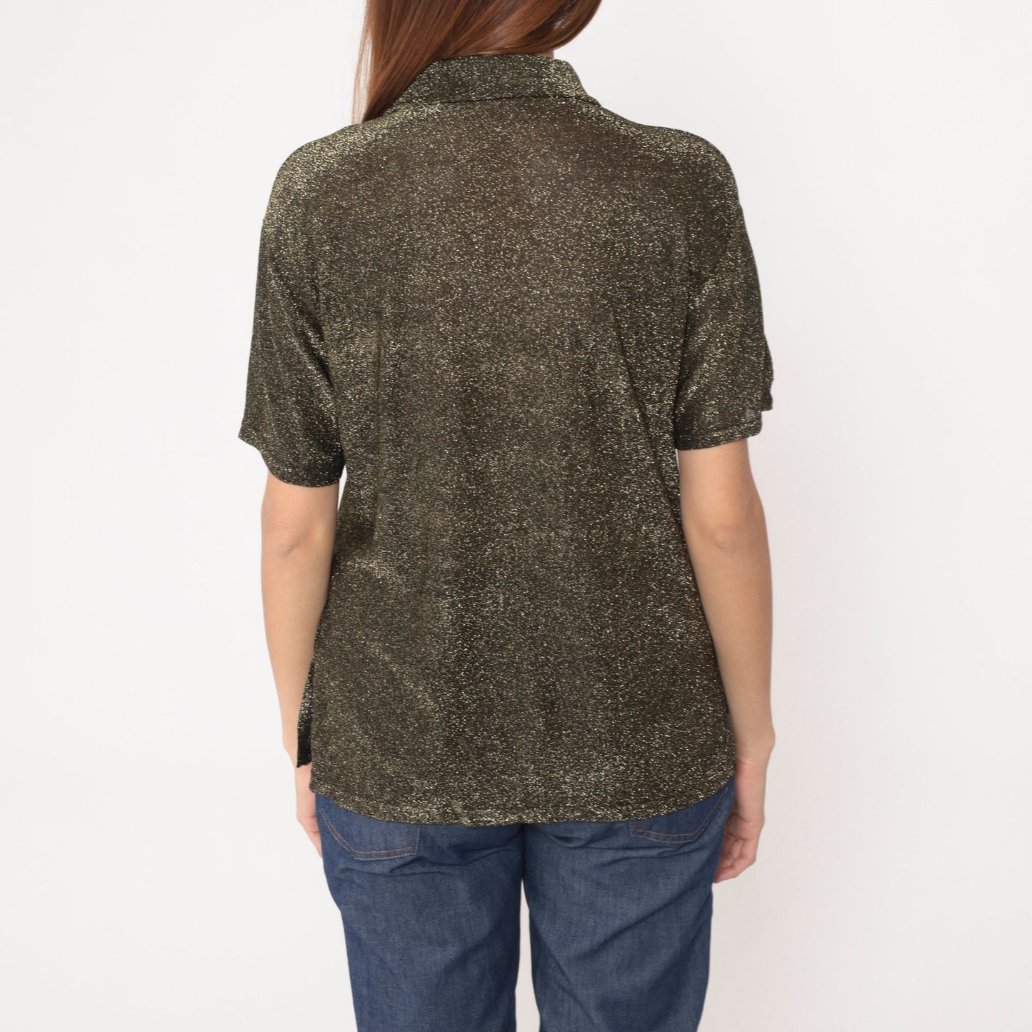 80s Gold Metallic Blouse Rhinestone Zipper Collared Short Sleeve Large L