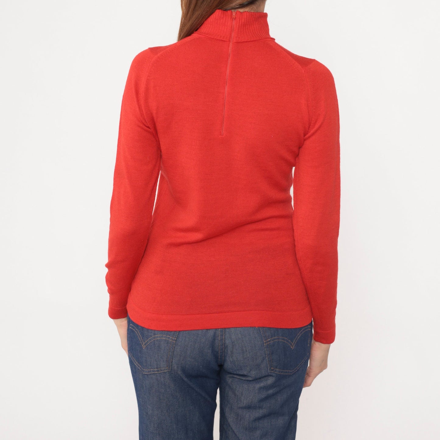 70s Red Wool Blend Turtleneck Sweater Long Sleeve Ribbed Knit Small