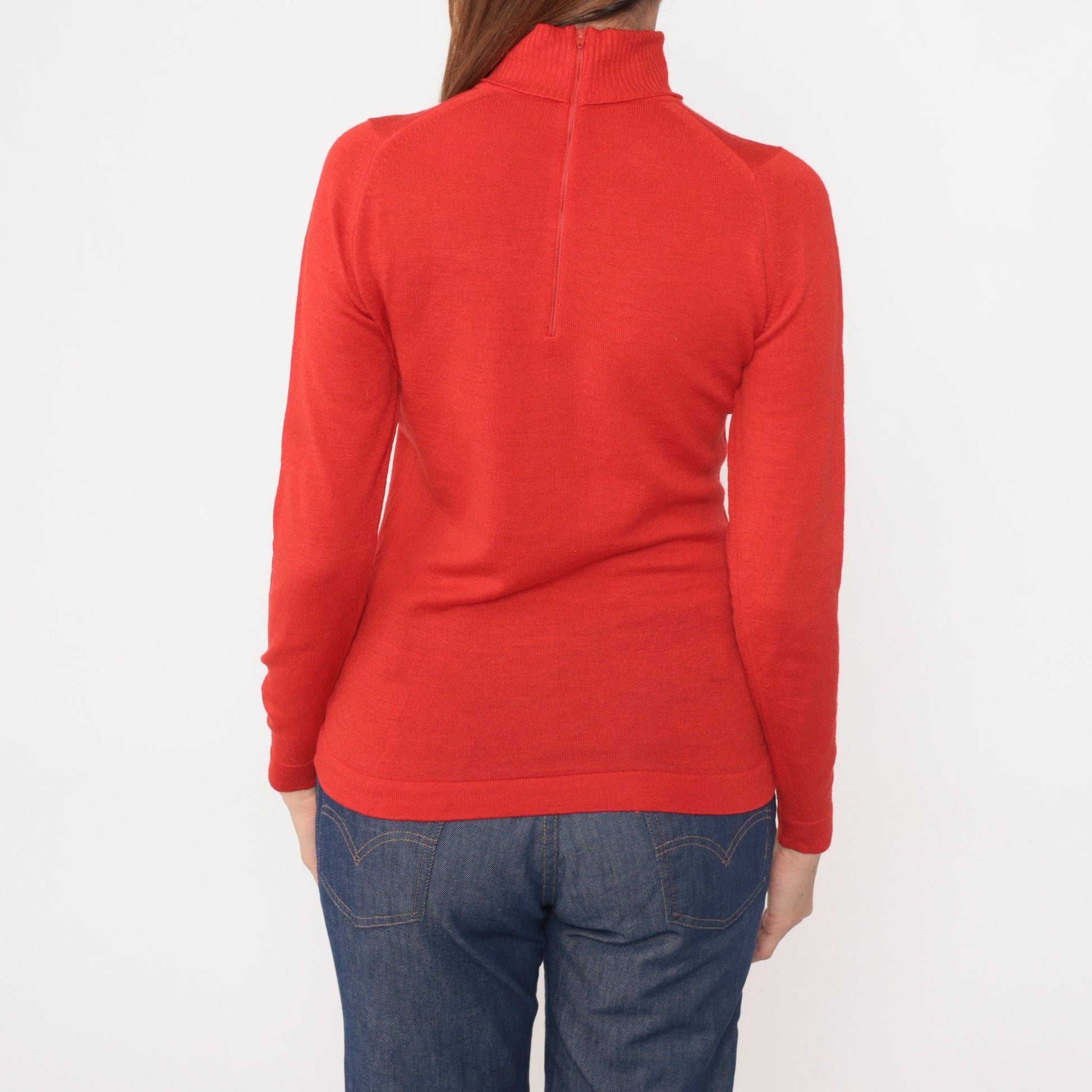 70s Red Wool Blend Turtleneck Sweater Long Sleeve Ribbed Knit Small