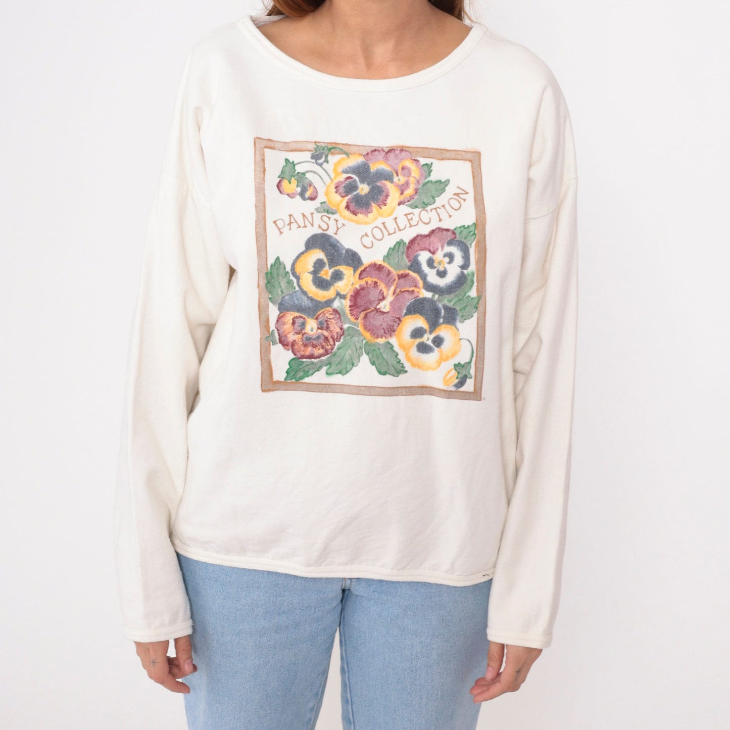90s Pansy Collection Sweatshirt Cream Cotton Graphic Pullover Medium Large