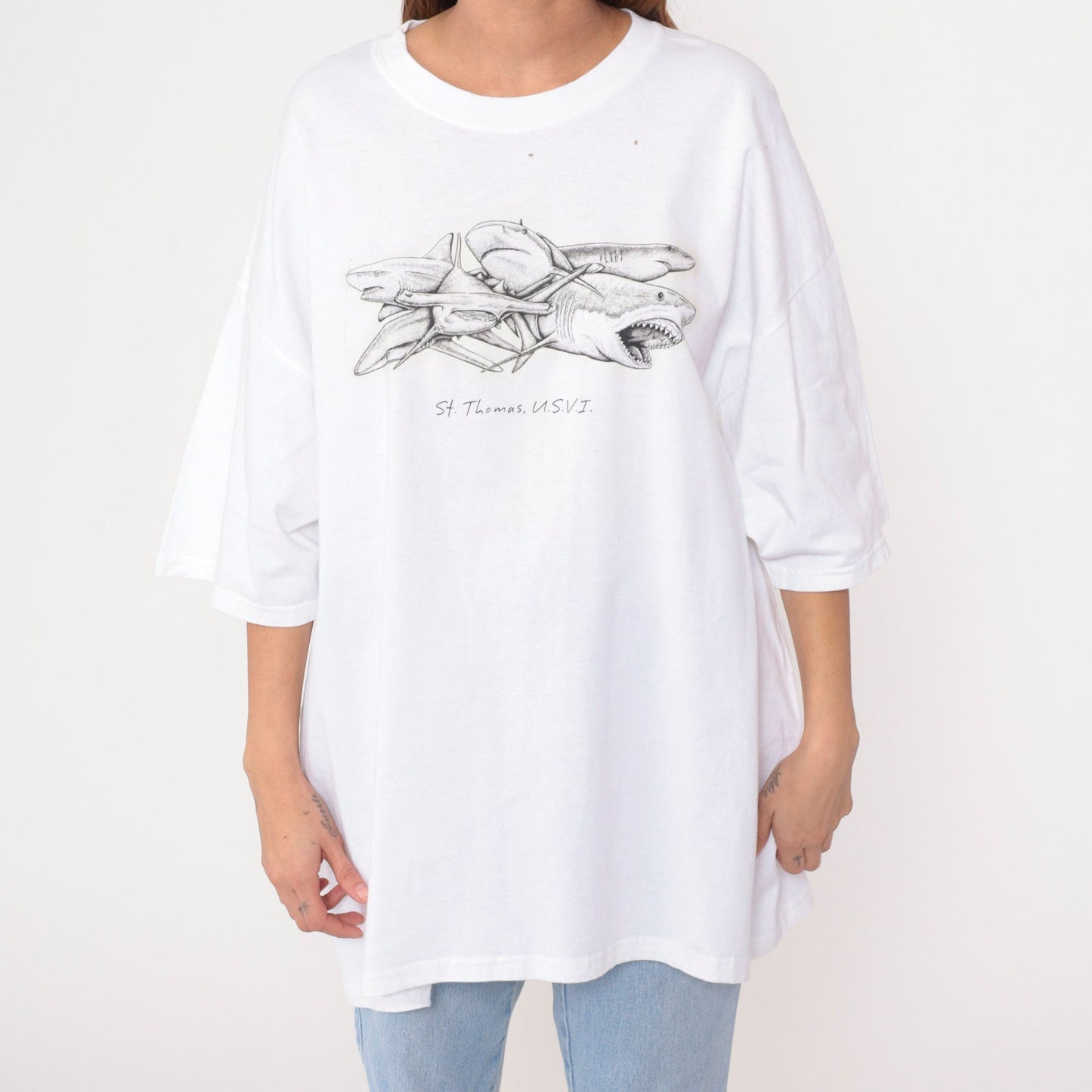 90s St Thomas Virgin Islands Shark Graphic T-Shirt White Cotton Extra Large XL