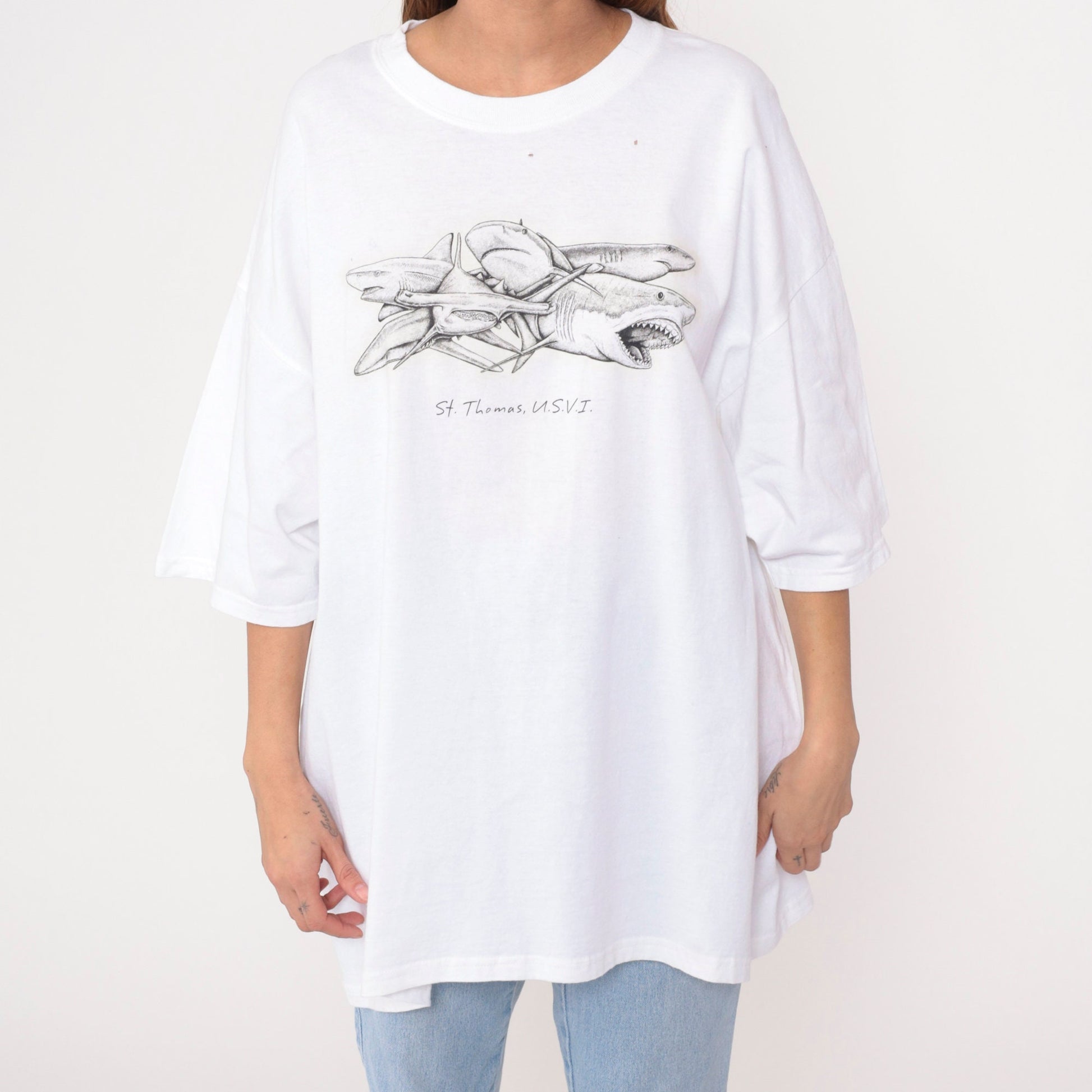 90s St Thomas Virgin Islands Shark Graphic T-Shirt White Cotton Extra Large XL