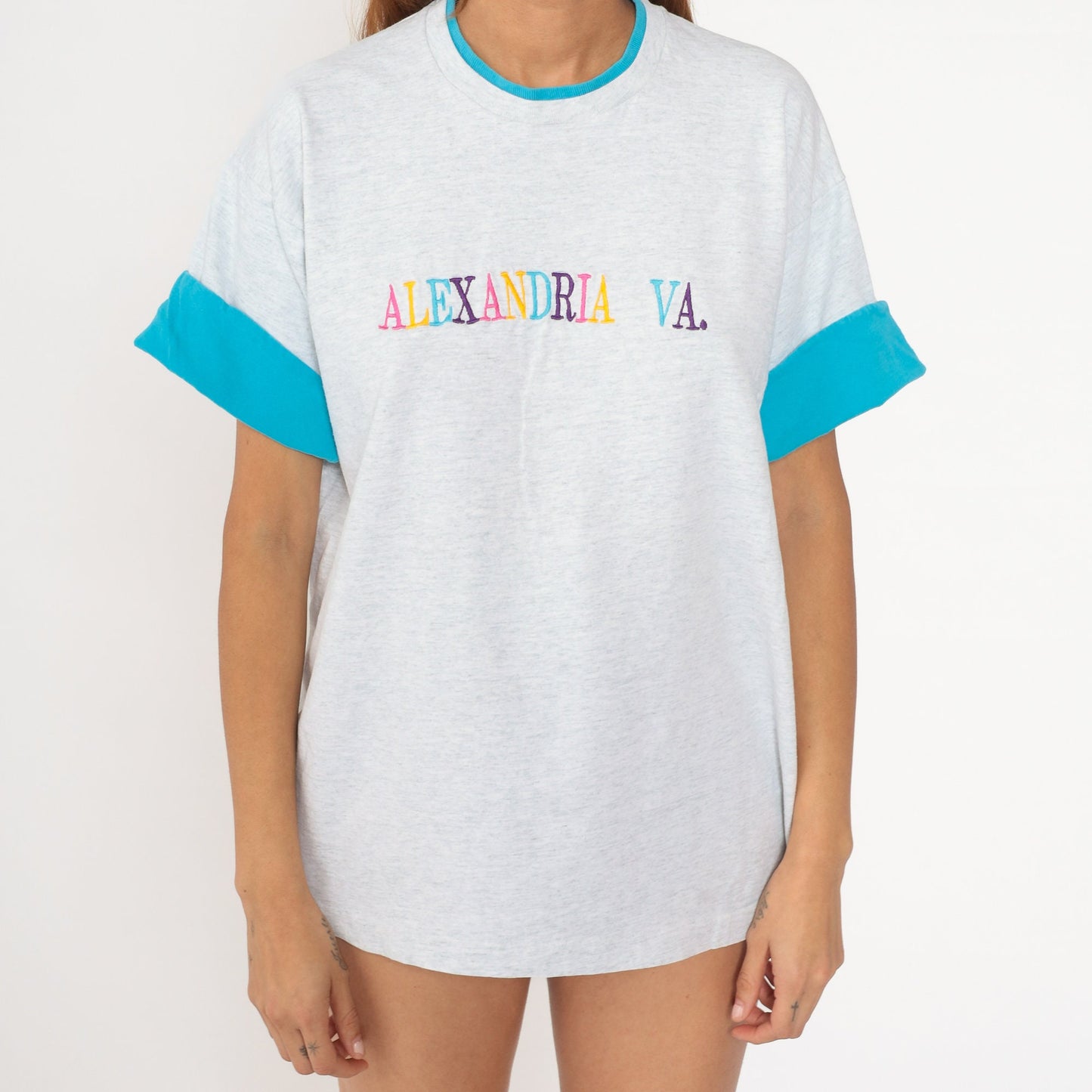90s Alexandria Virginia Ringer Tee Embroidered Graphic Heather Grey Extra Large