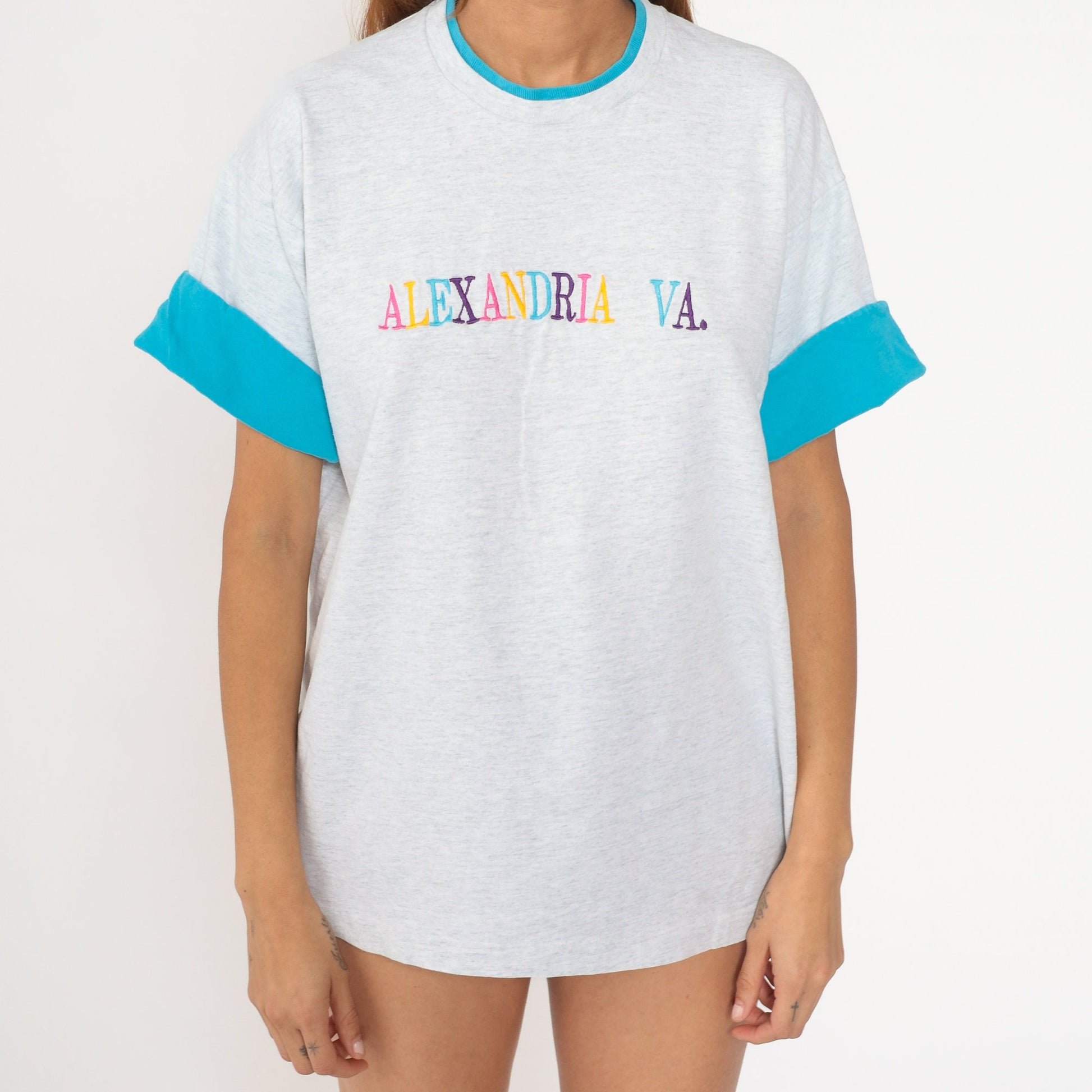 90s Alexandria Virginia Ringer Tee Embroidered Graphic Heather Grey Extra Large