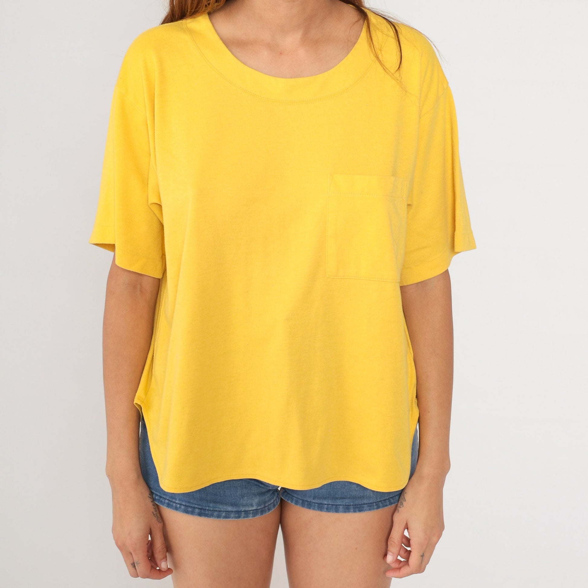 90s Yellow Pocket T-Shirt Cotton Blend Crewneck Extra Large 1X