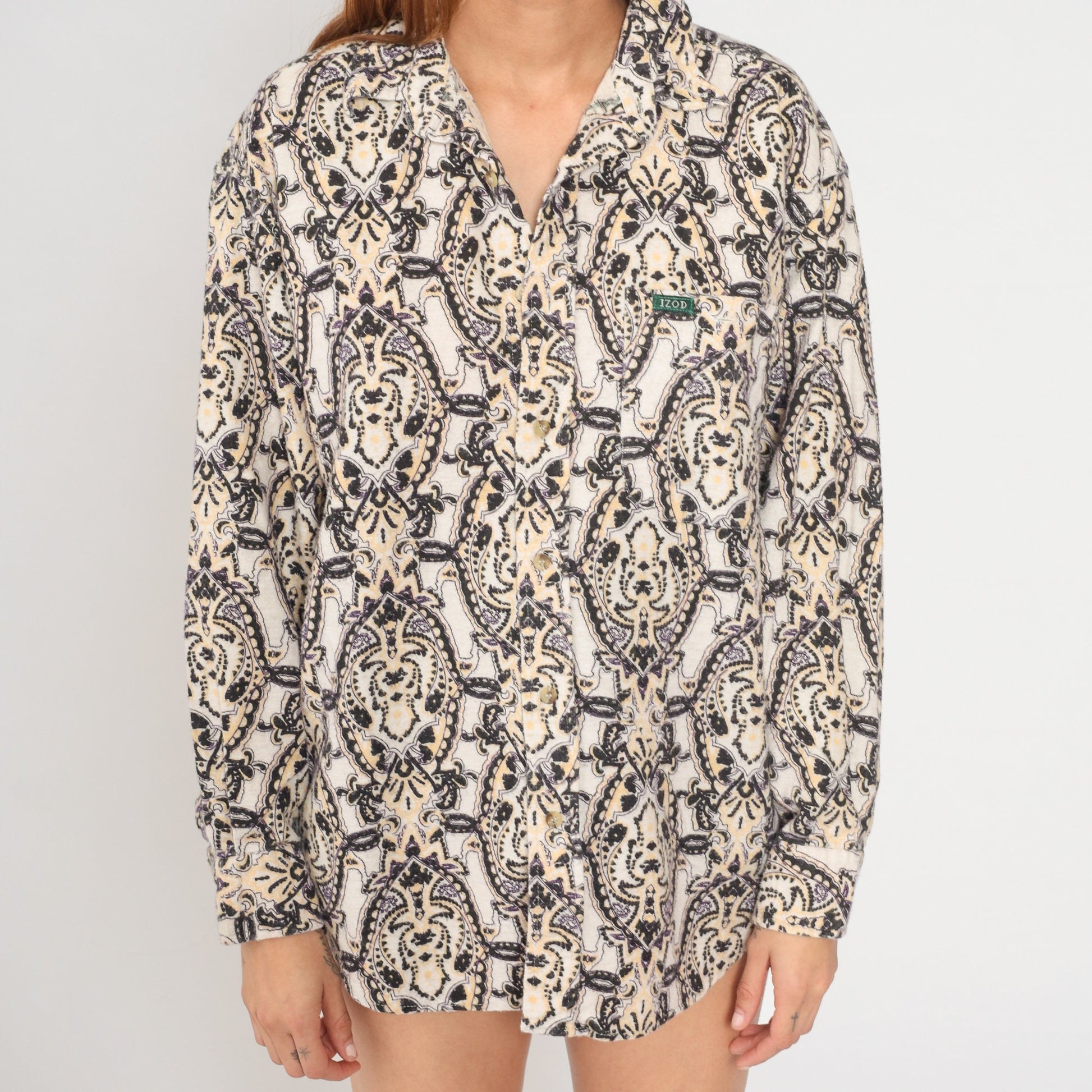 Izod 90s Paisley Button-Up Shirt Cotton Fleece Psychedelic Print Medium