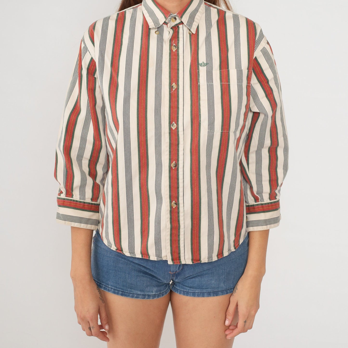 90s Dockers Striped Button-Up Shirt White Red Navy Green 3/4 Sleeve Medium