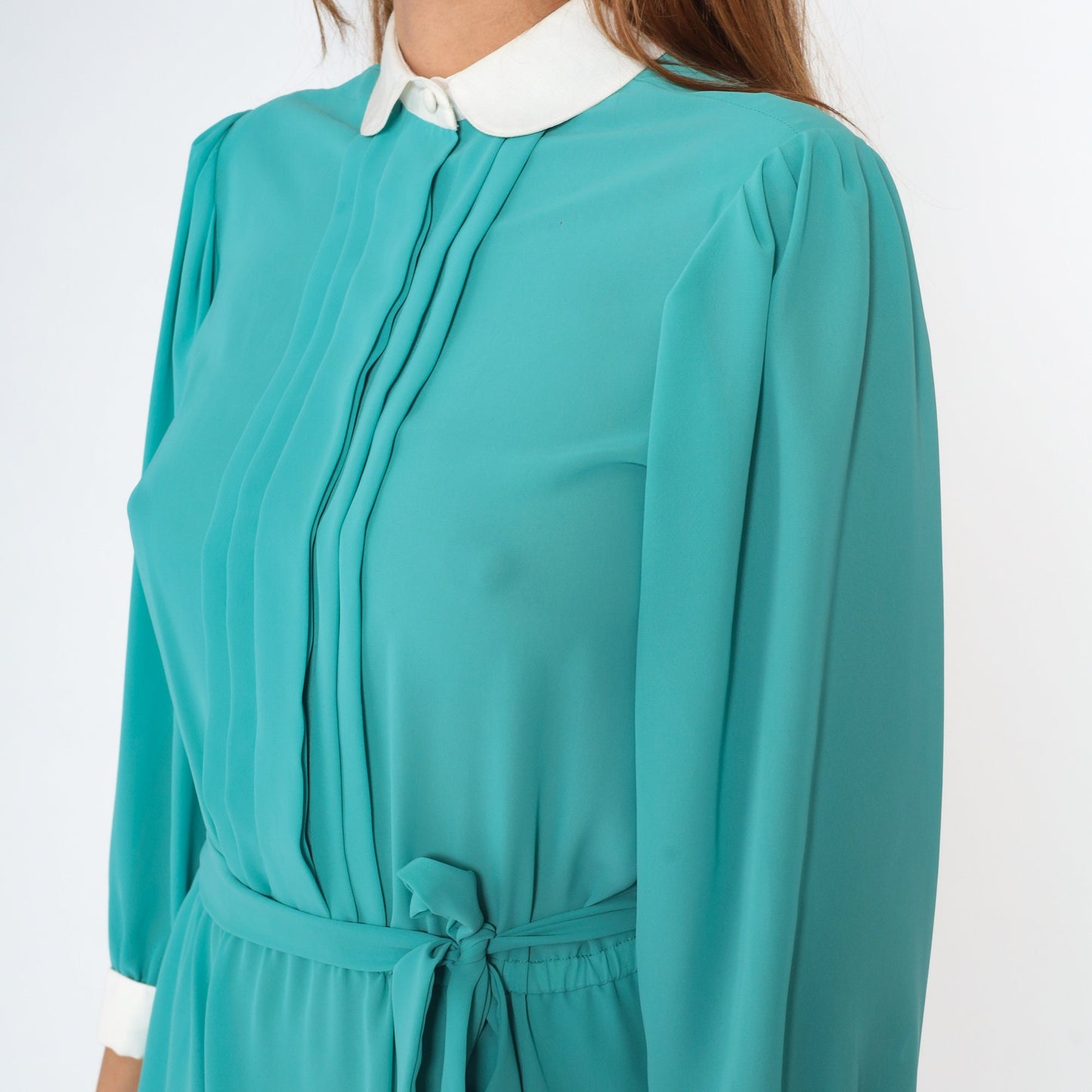 80s Turquoise Midi Dress Peter Pan Collar Puff Sleeve High Waist Small