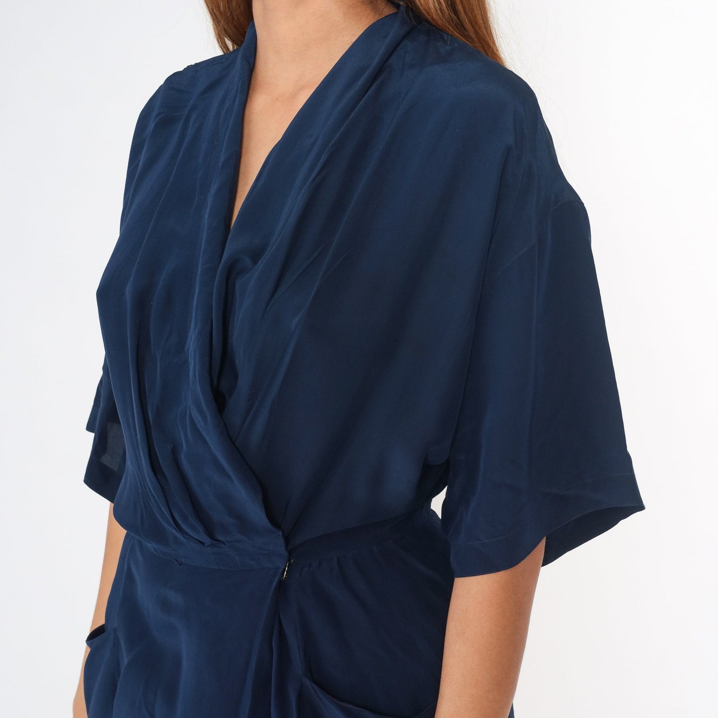 90s Navy Silk Wrap Dress Midi V-Neck High Waist Half Sleeve Small